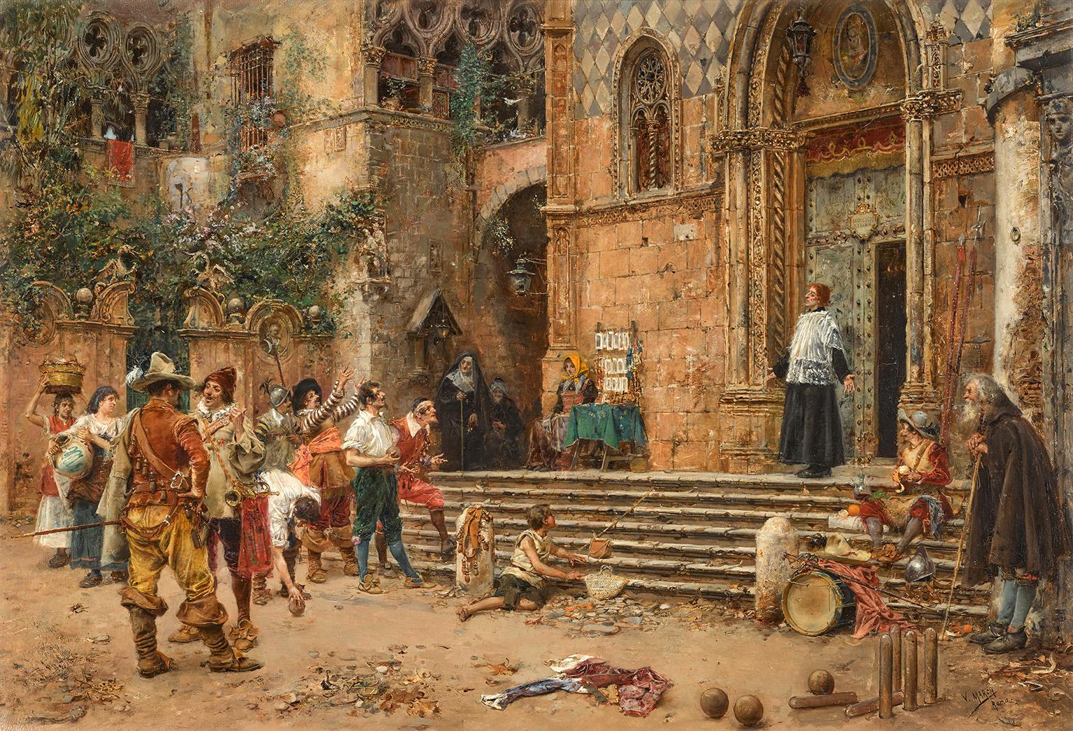 The Chorister and the Roisterers - Painting by Vicente March