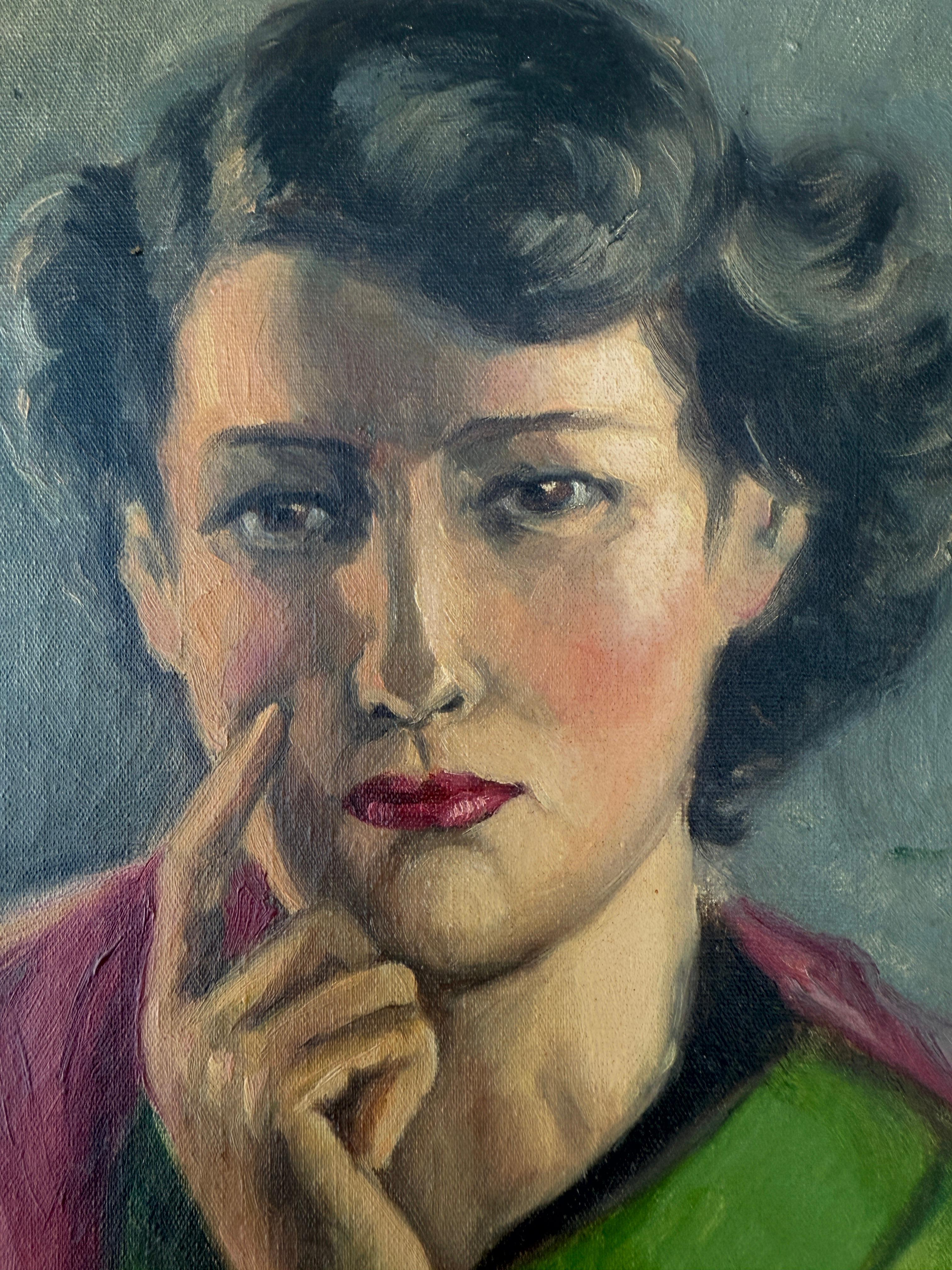 Pensive Woman oil on canvas painting european art - Modern Painting by Vicente Oliver