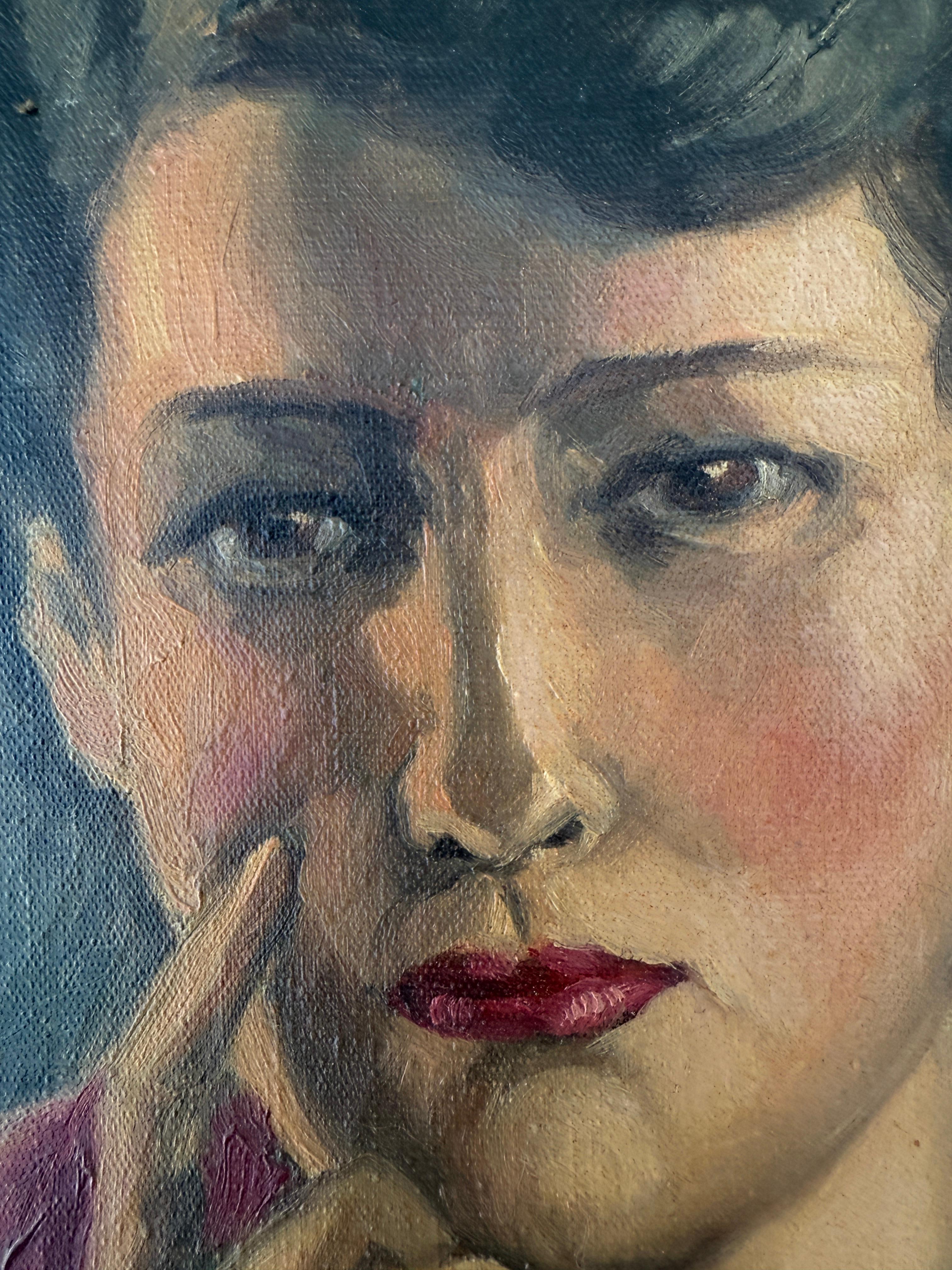 Pensive Woman oil on canvas painting european art - Gray Portrait Painting by Vicente Oliver
