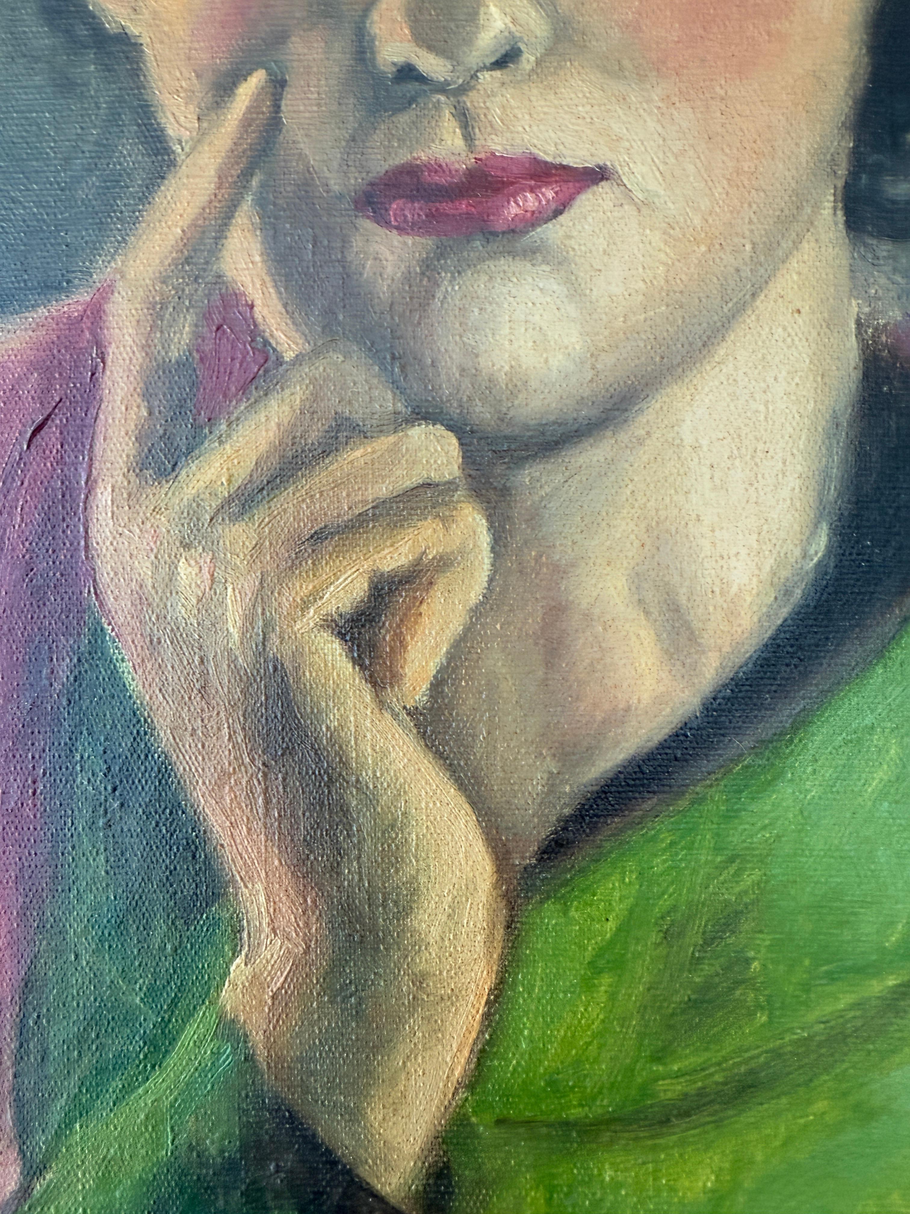 Title: Pensive Woman

Artist: Vicente Oliver (1896–1970)

Technique: Oil on canvas

Dimensions: 18.1 x 15.0 in (46 x 38 cm)

Support: Unframed canvas

Date: Mid-20th century

Signature: Signed lower right: v. oliver

🧑‍🎨 Work Description
Pensive