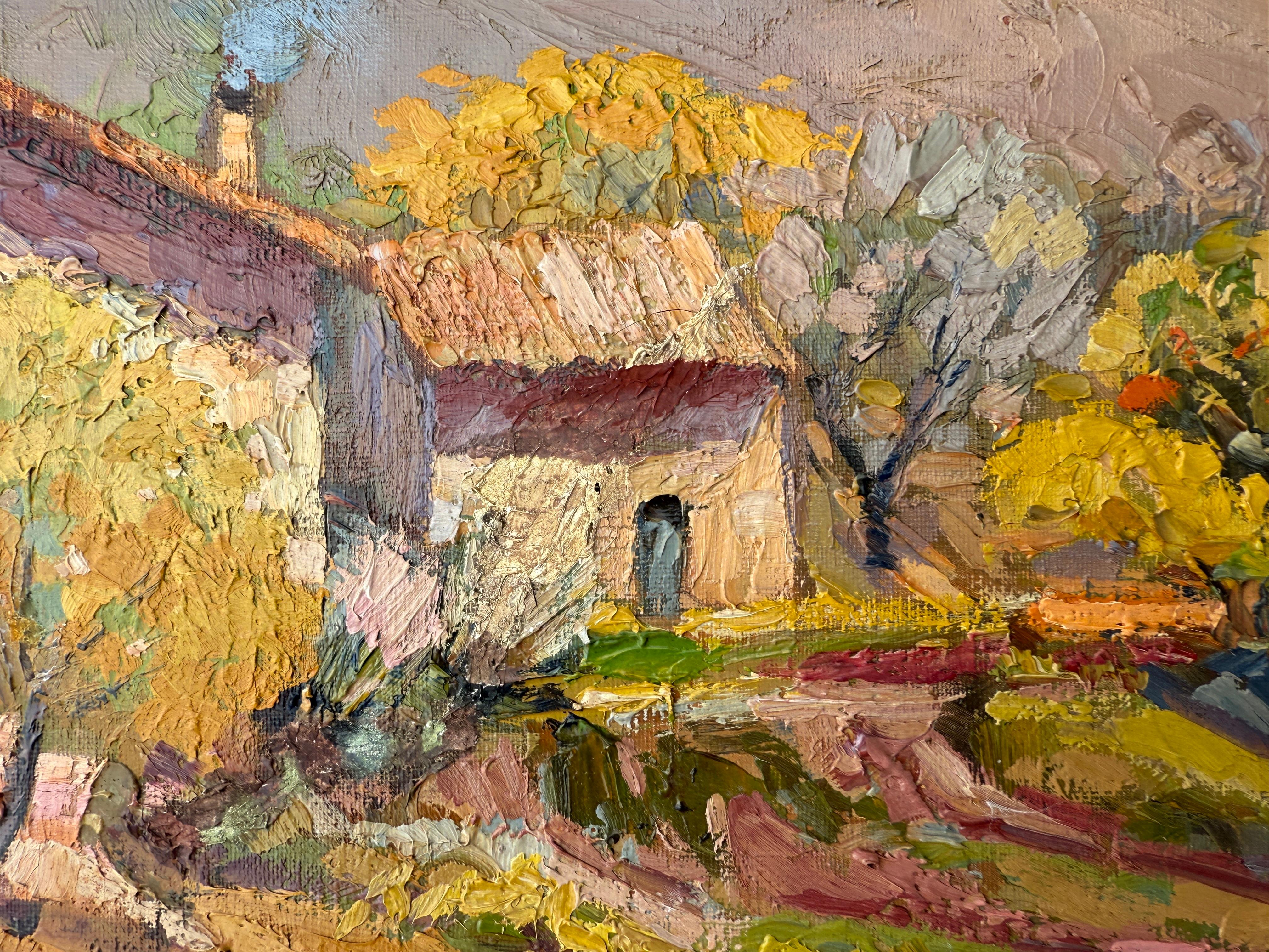 Landscape with Farmhouse and Figure oil on canvas painting Spain - Impressionist Painting by Vicente Rincon Garrido