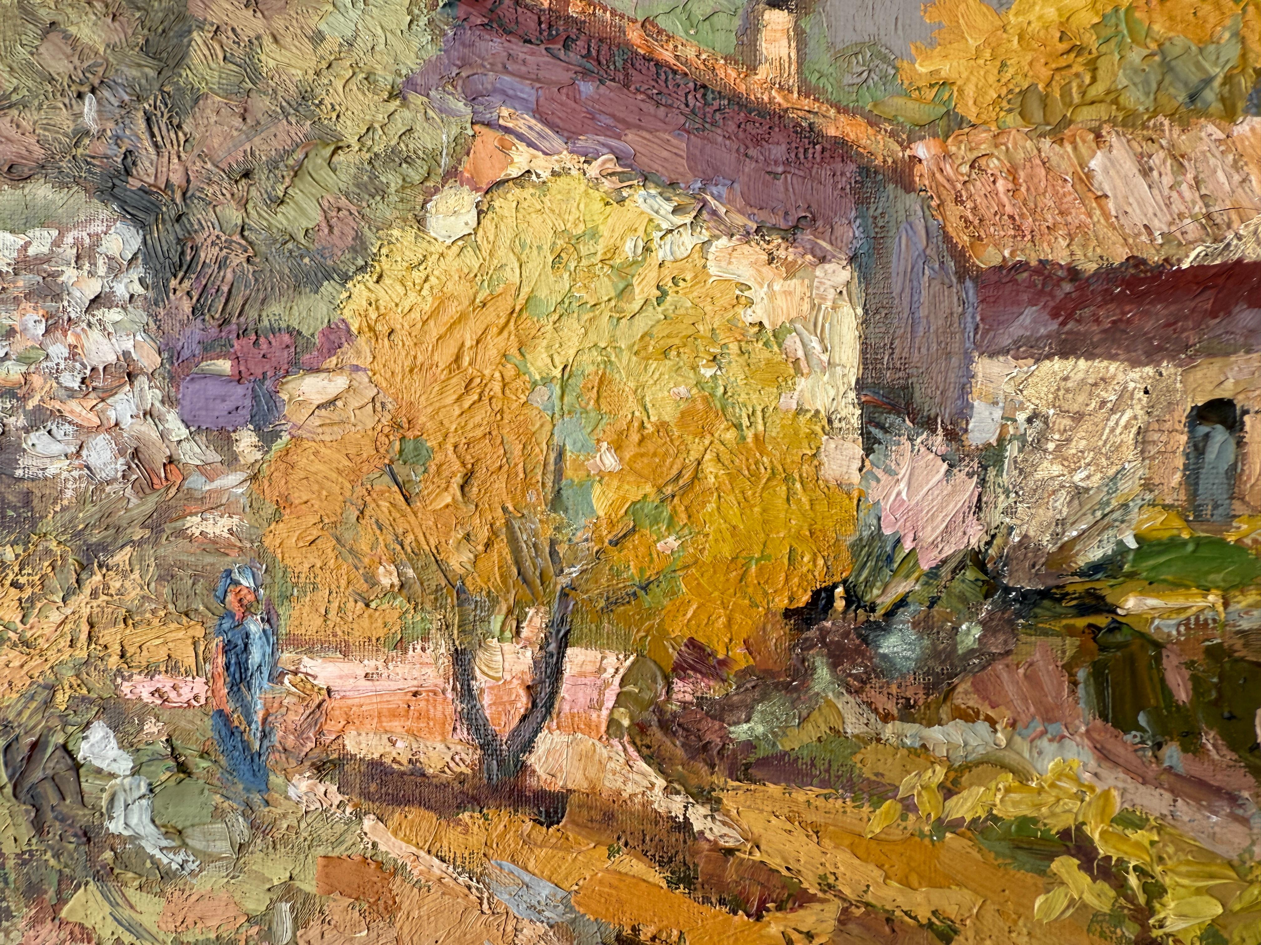 Landscape with Farmhouse and Figure oil on canvas painting Spain - Brown Landscape Painting by Vicente Rincon Garrido