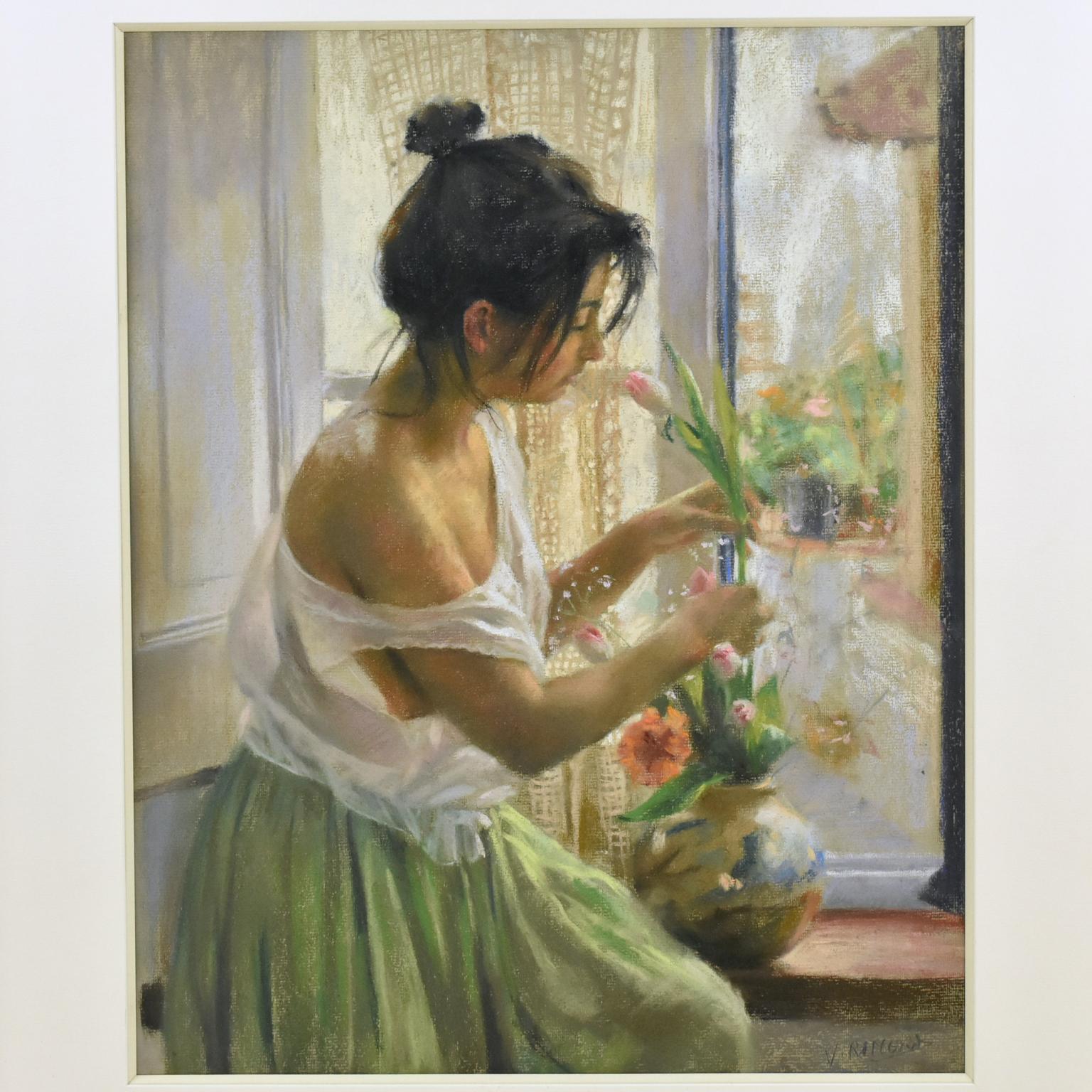 Spanish Girl at the Window Pastel Painting by Vicente Romero 2