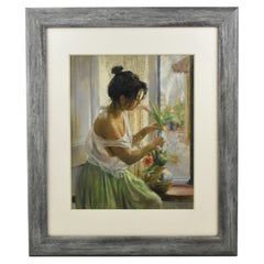 Jeune fille espagnole à la fenêtre:: peinture au pastel de Vicente Romero