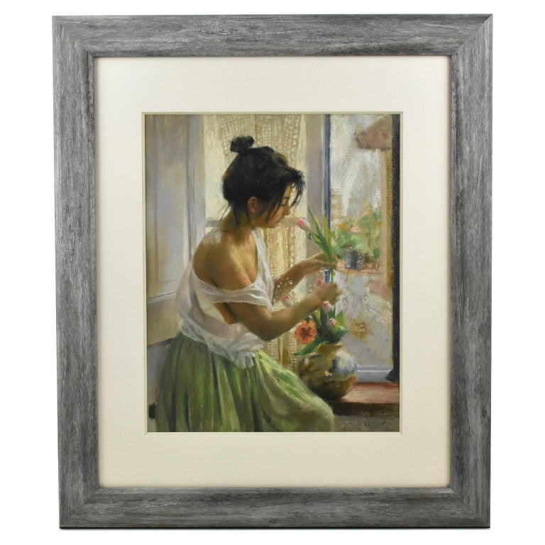 Vicente Romero Spanish Girl At The Window Pastel Painting By