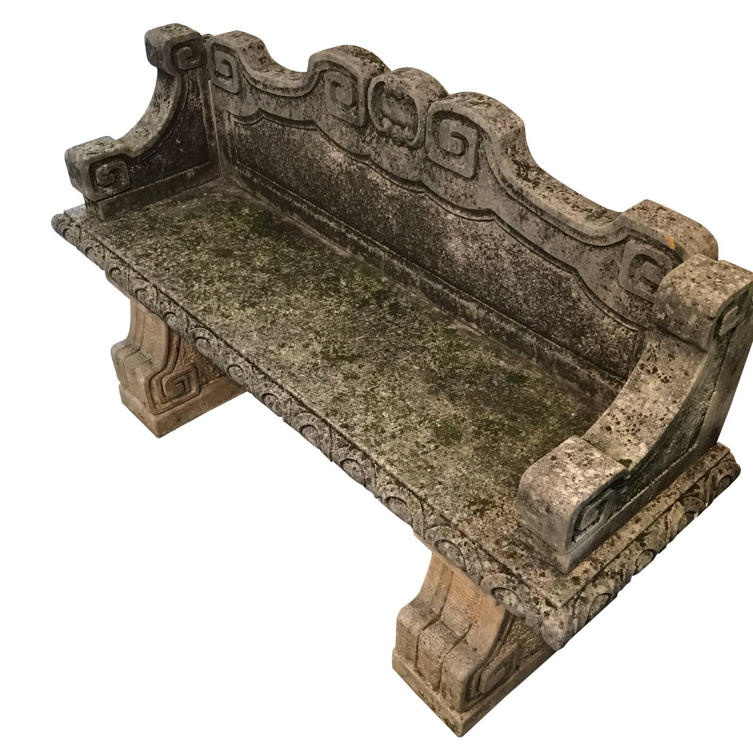 1920s Italian hand carved Vicenza stone bench with classic design details.
Traditional decorative details along back and sides.
Moss and spores embedded in stone give naturally aged patina.
Originally from a large garden in a villa outside of
