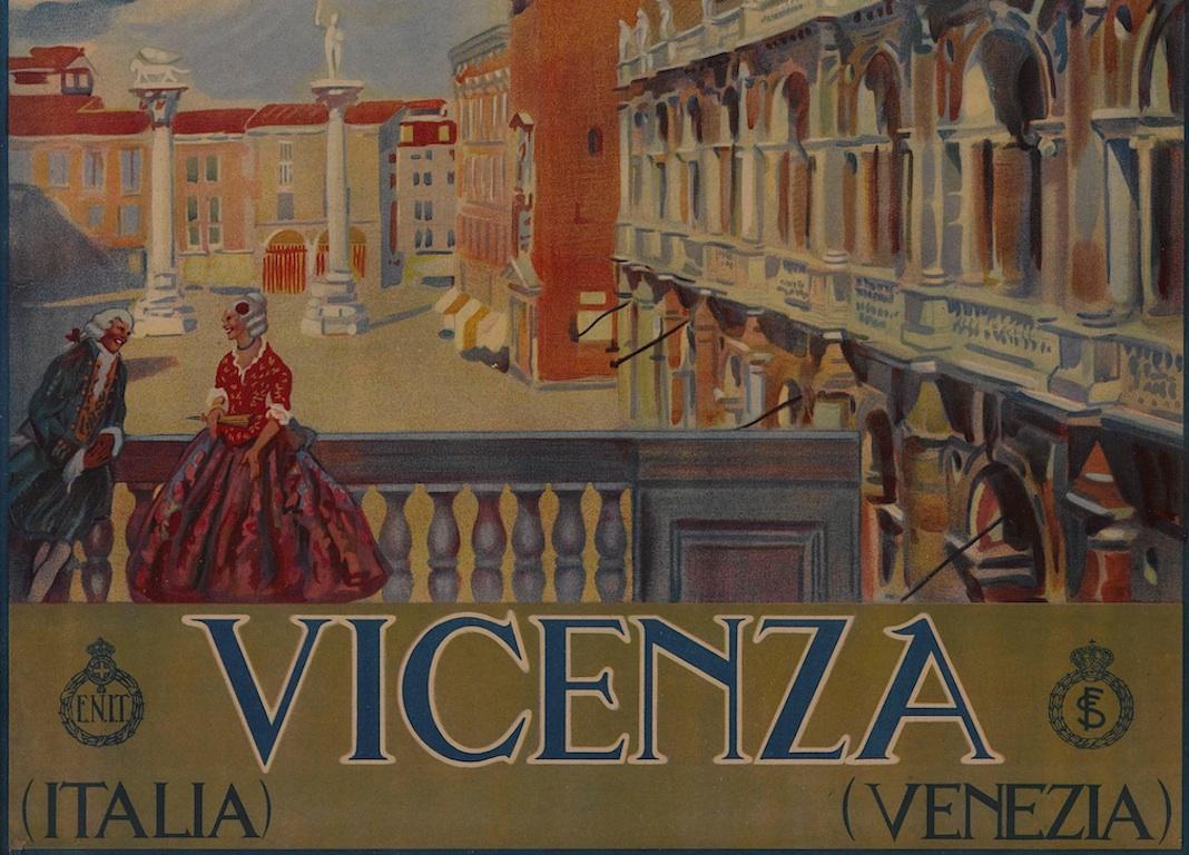 This stunning travel poster advertises Vicenza in the region of Venice, Italy, as an alluring tourist destination. The work was designed by Tullio Silvestri (1880-1963) in the 1930s and was printed in Italy. The bottom quarter of the work denotes