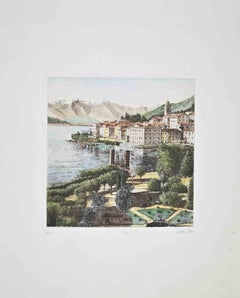 View of Bellagio (Lake of Como) - Etching by Vicenzo Volpi - 1980s