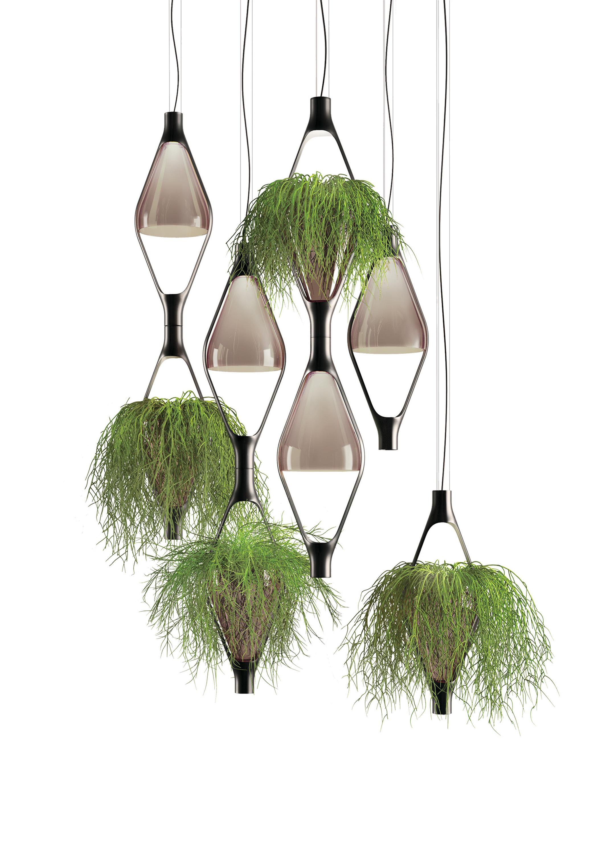 'Viceversa 2' modular suspension lamp by Noé Lawrance for KDLN in Smoke Grey.

Executed in smoke colored blown glass with a matte gray metallic structure. This unique suspension lamp doubles seamlessly as a hanging planter through the use of its