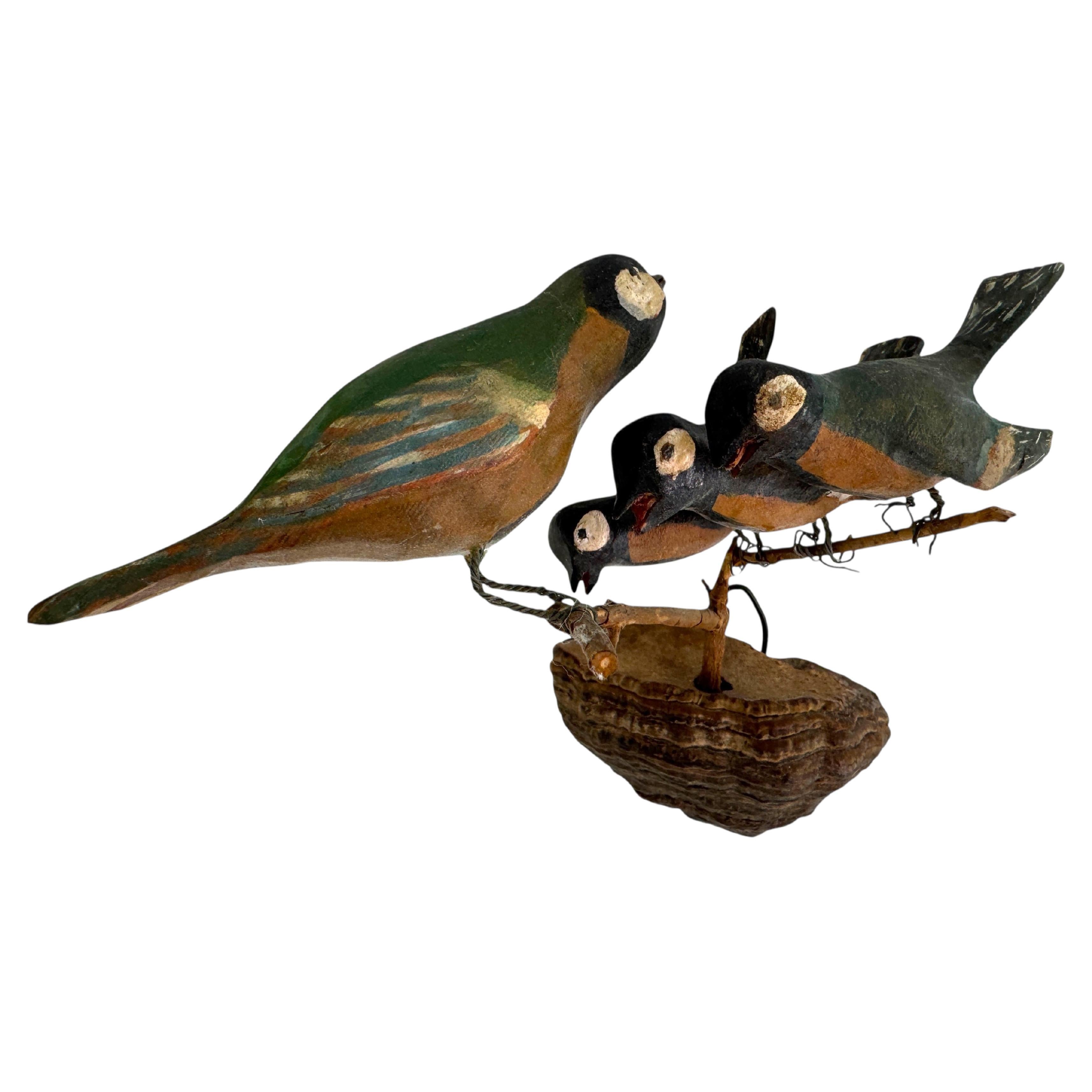 Vichtauer Hand Carved Wood Birds Family Black Forest Folk Art, Austria, 1900s
