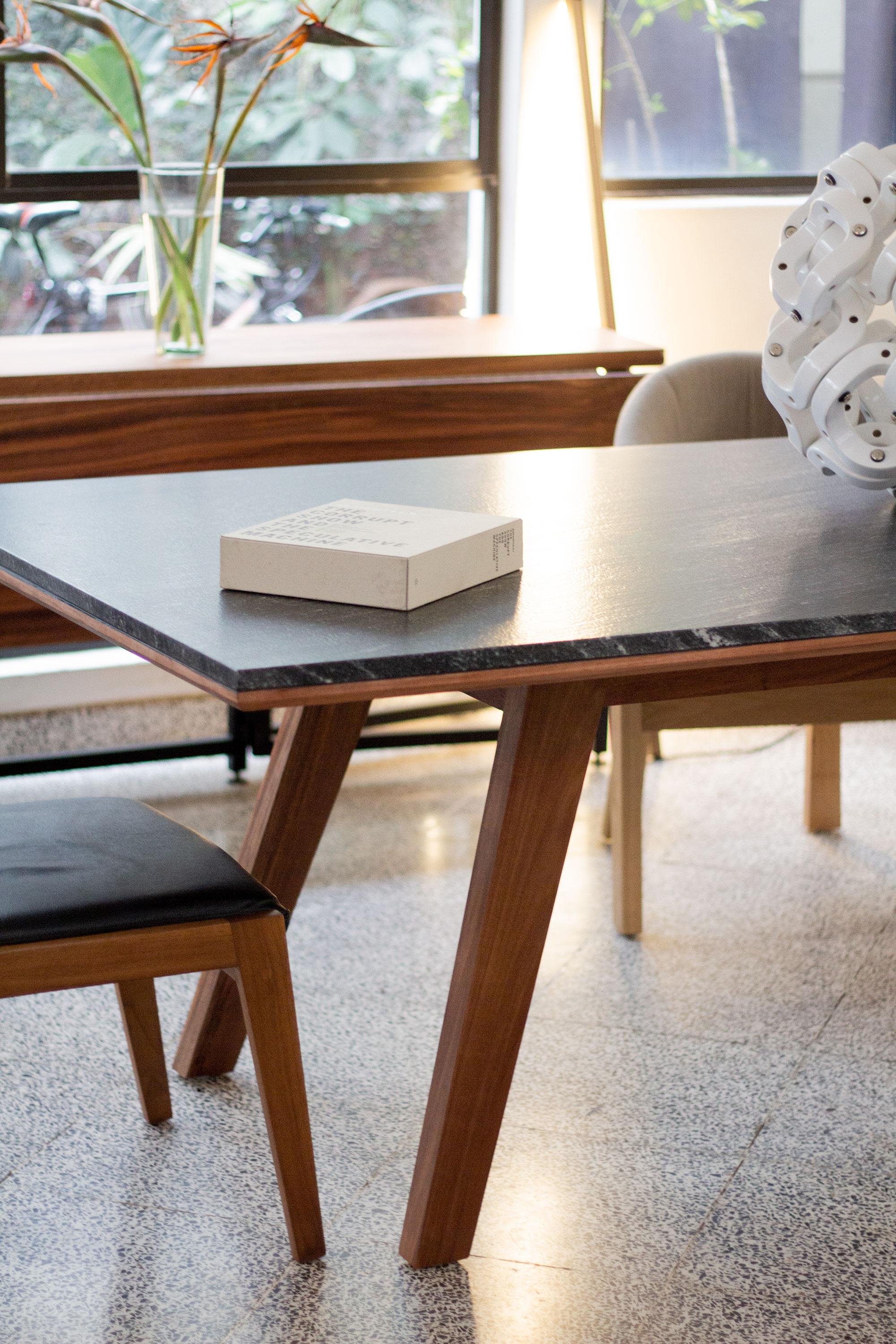 Vicina, Granite Rectangle Dining Table with Solid Walnut Base, Modern & Durable For Sale 1