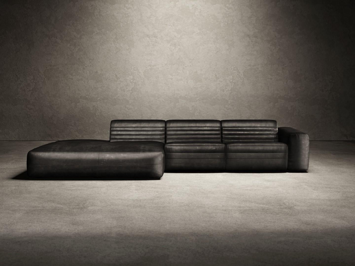 Vicious is a modular sofa composed of 4 modular elements: terminal module, central module, corner module and chaise longue. Vicious sofa is composed of a woode frame upholstered with high-density foamed polyurethane, and a top layer of goose down to