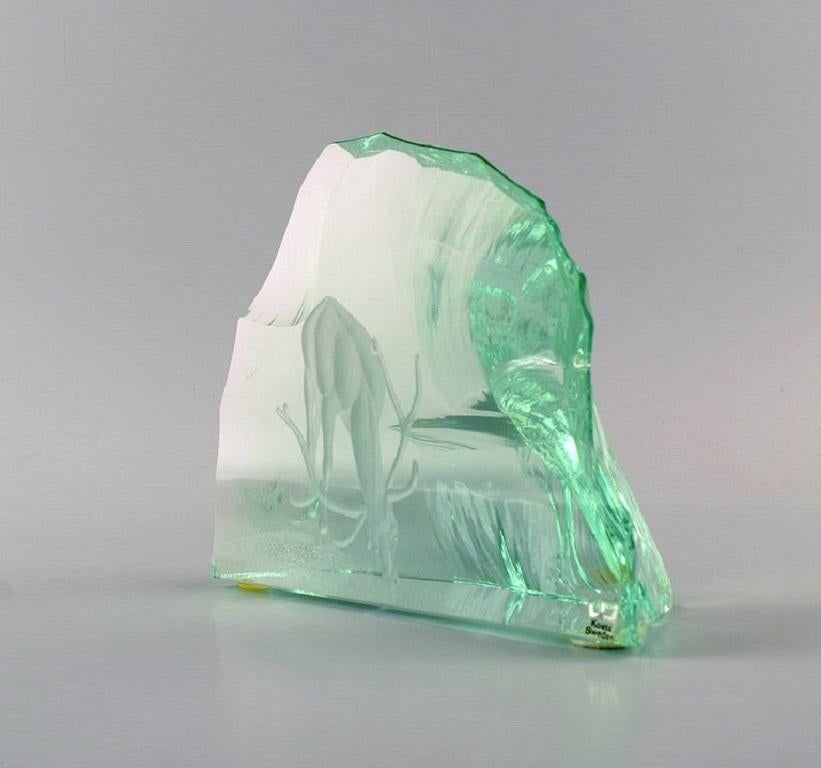 Vicke Lindstrand for Kosta Boda. Unique Glass Block with Reindeer In Excellent Condition In Copenhagen, DK
