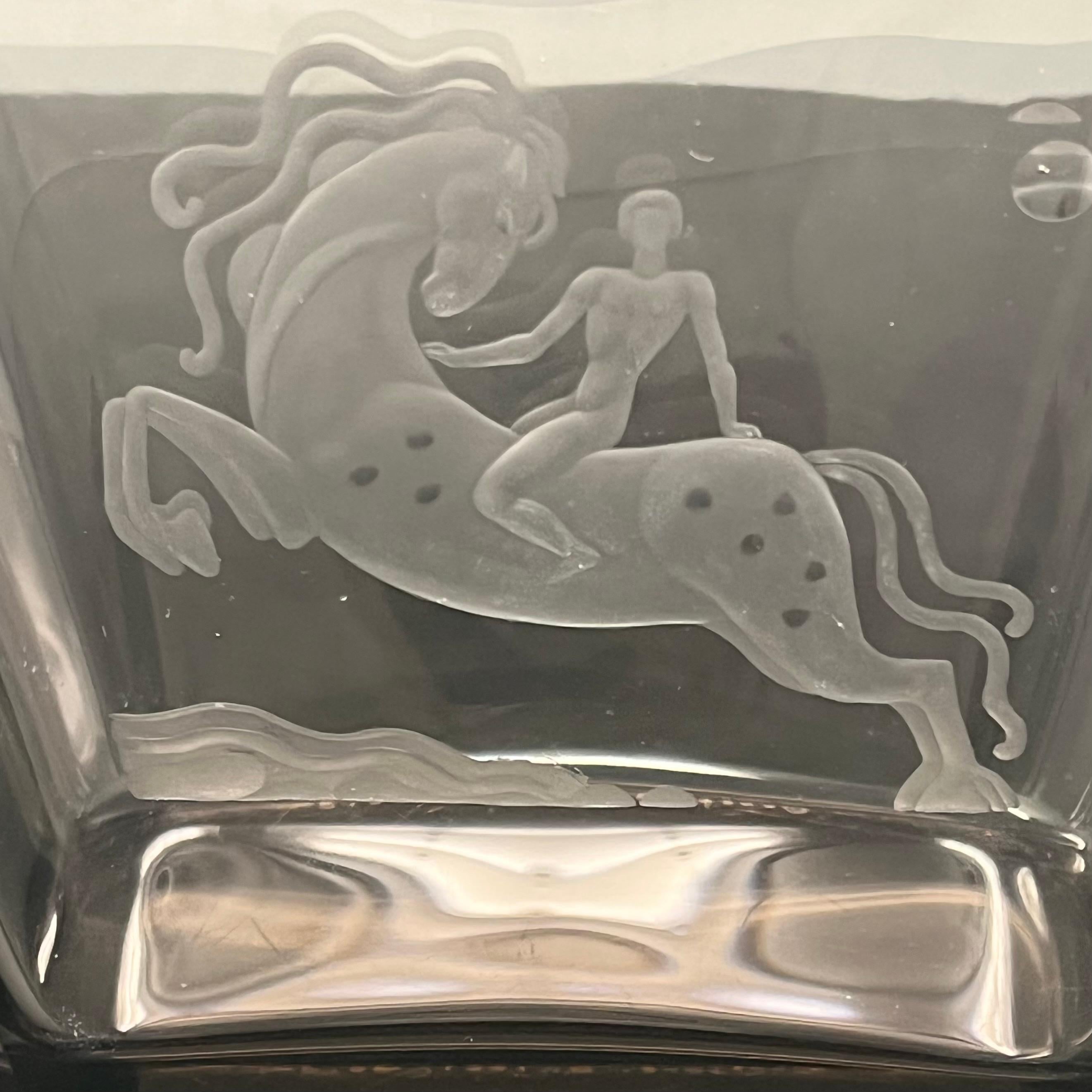 Vicke Lindstrand Engraved Glass Bowl Horse and Rider Orrefors 1930s In Good Condition For Sale In Leicester, GB