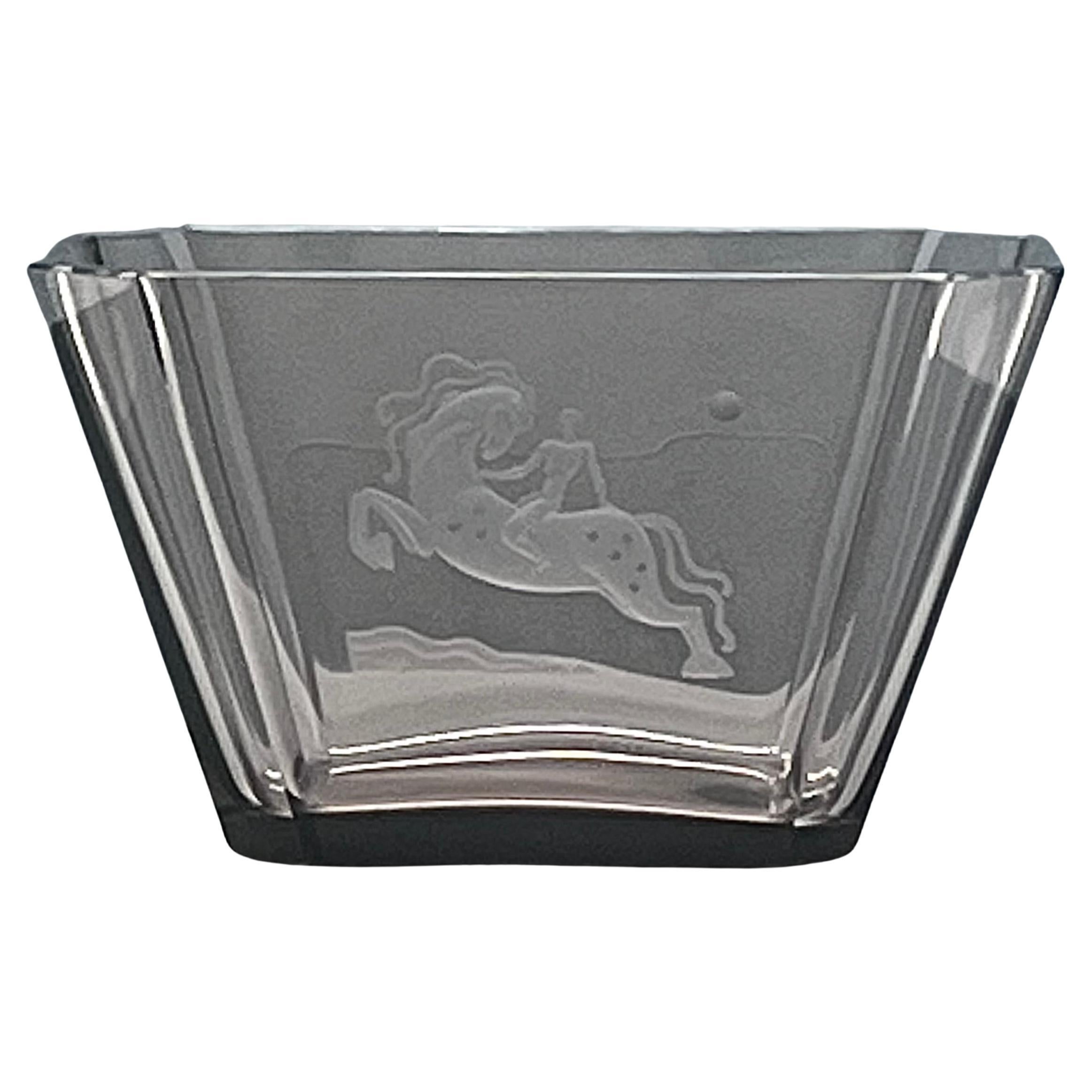 Vicke Lindstrand Engraved Glass Bowl Horse and Rider Orrefors 1930s