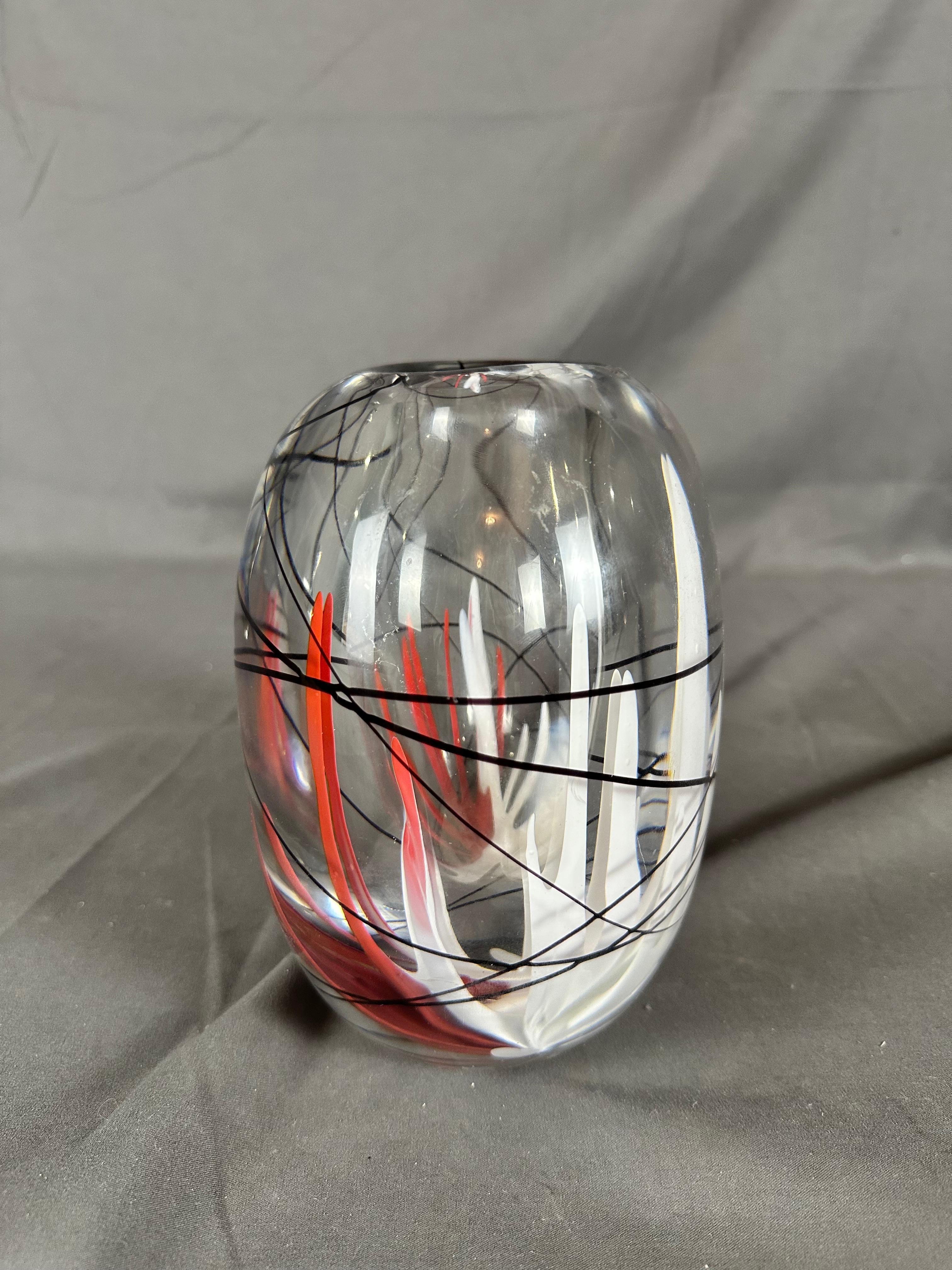 Swedish Vicke Lindstrand for Kosta Boda 1950's Clear, White, Black and Red Vase For Sale