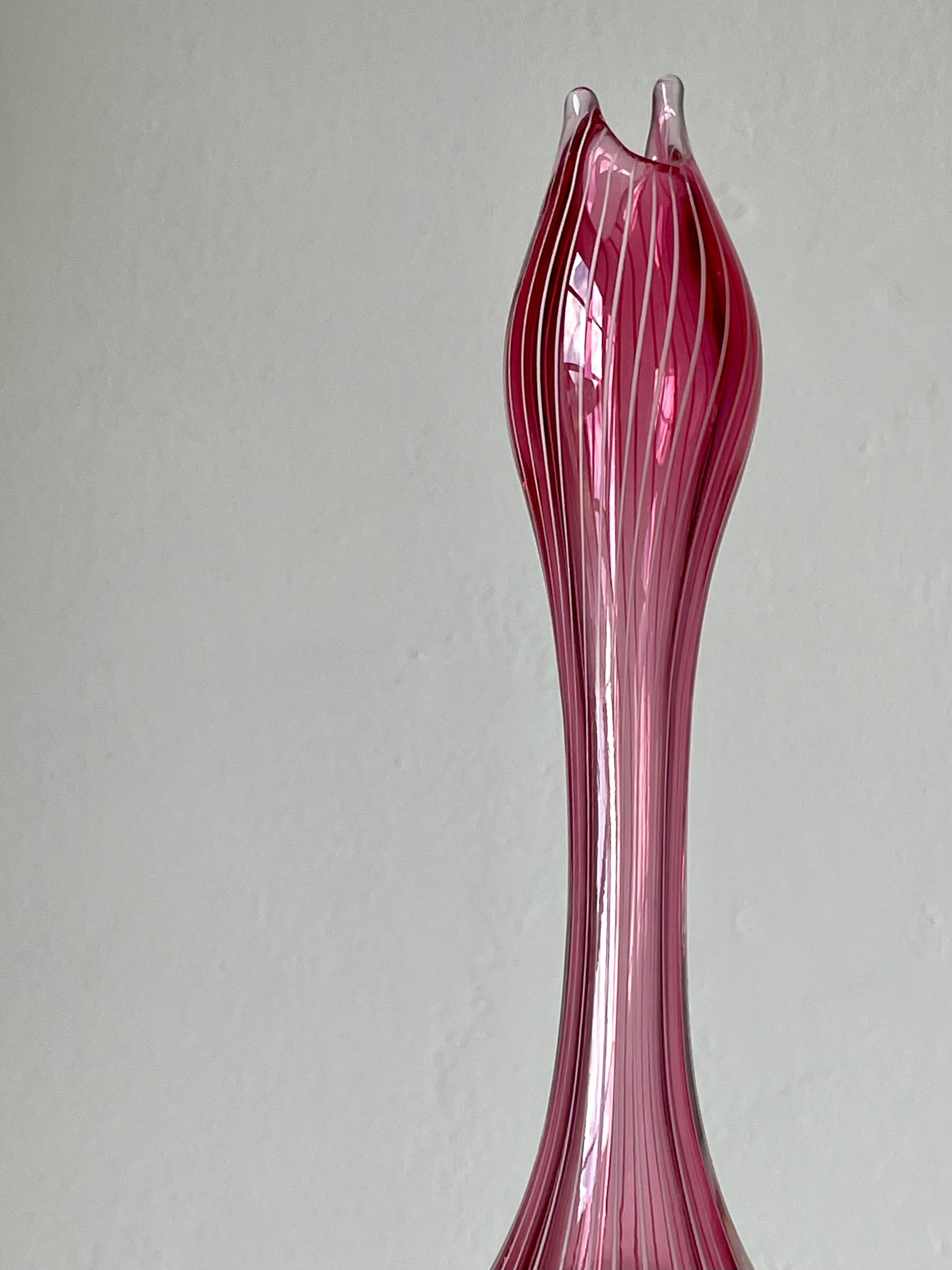 Vicke Lindstrand for Kosta Boda Pink White Striped Art Glass Vase, 1950s 3