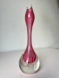 Vicke Lindstrand for Kosta Boda Pink White Striped Art Glass Vase, 1950s