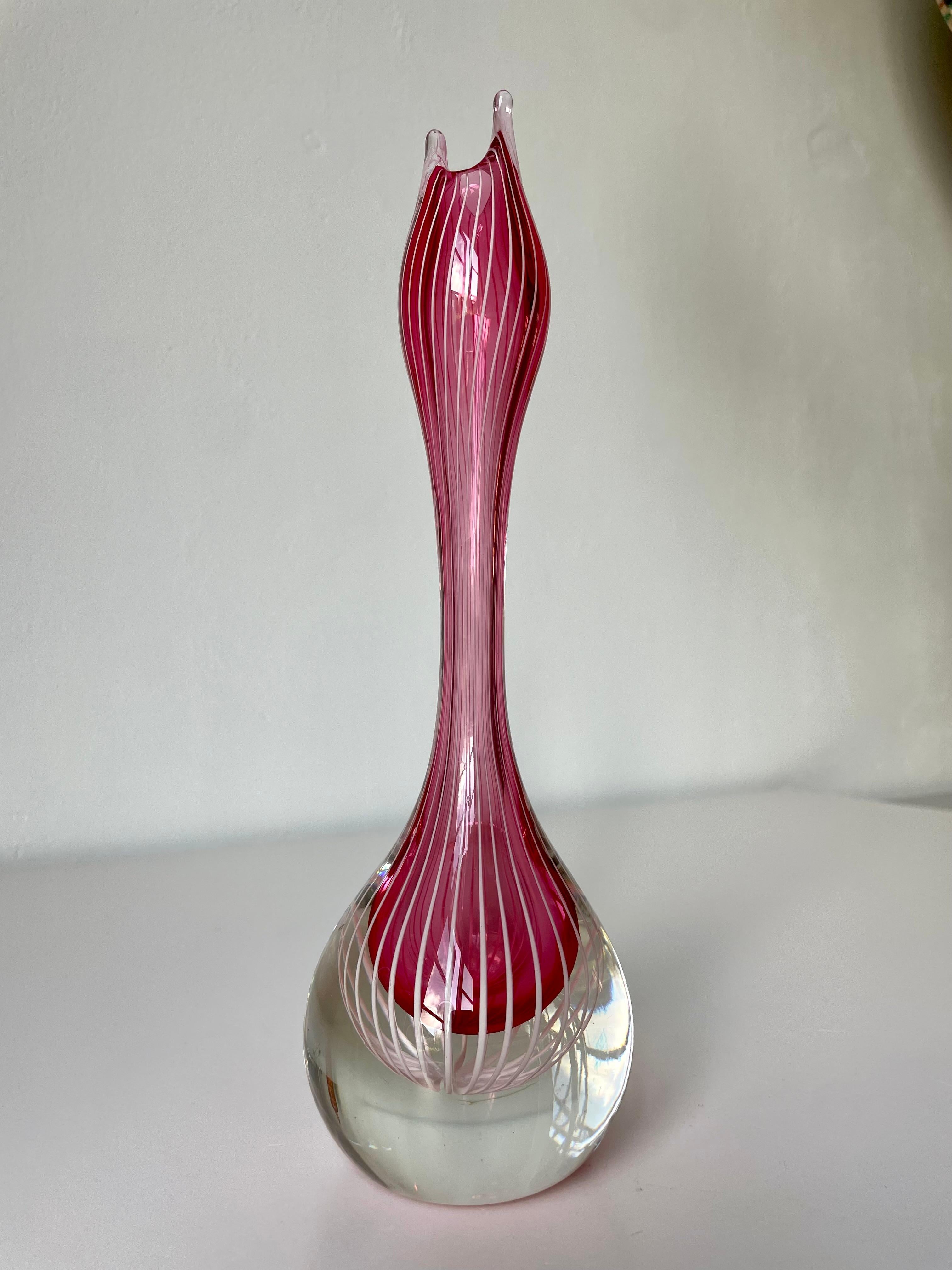Hand-Crafted Vicke Lindstrand for Kosta Boda Pink White Striped Art Glass Vase, 1950s