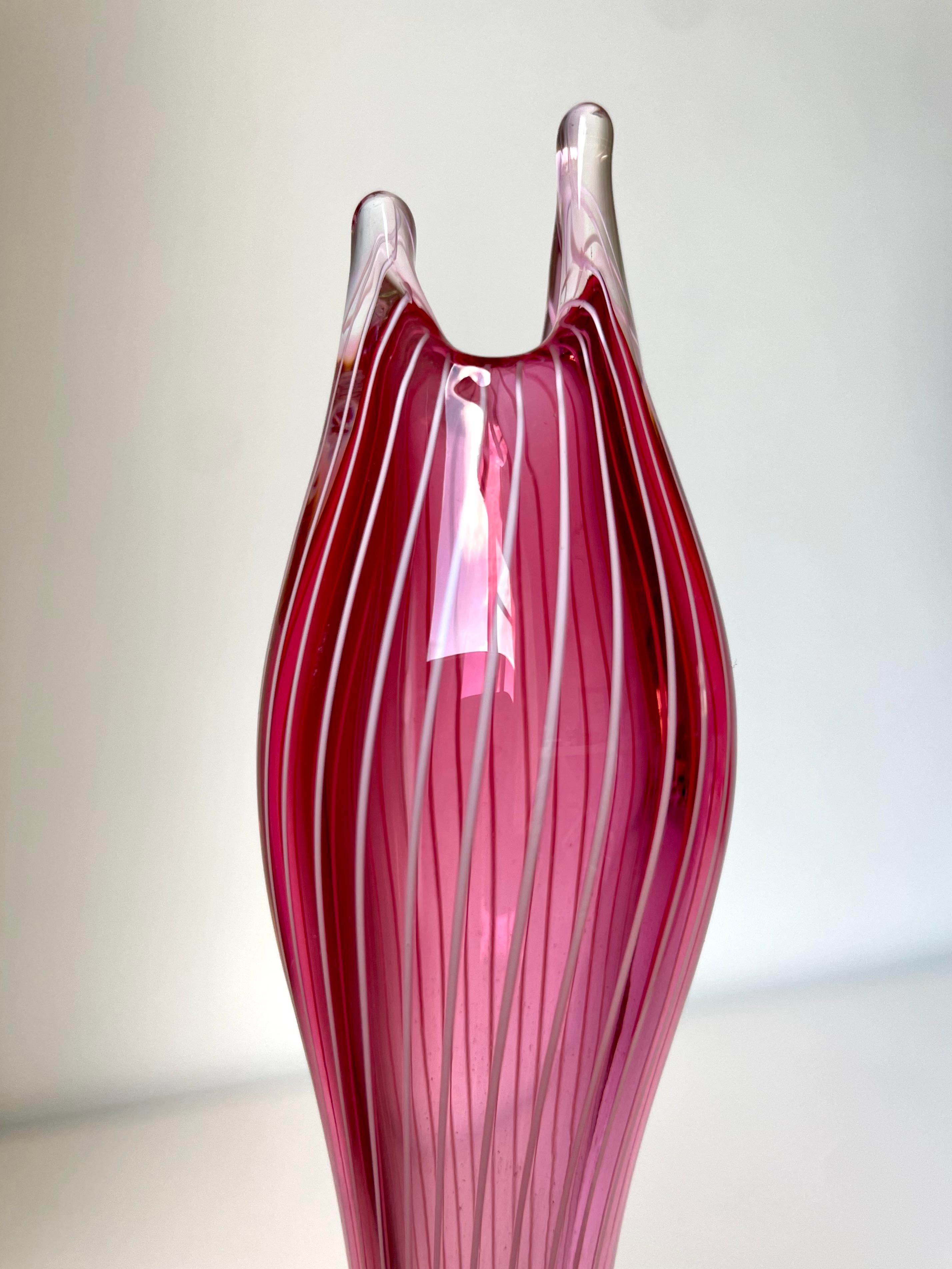 Vicke Lindstrand for Kosta Boda Pink White Striped Art Glass Vase, 1950s 1