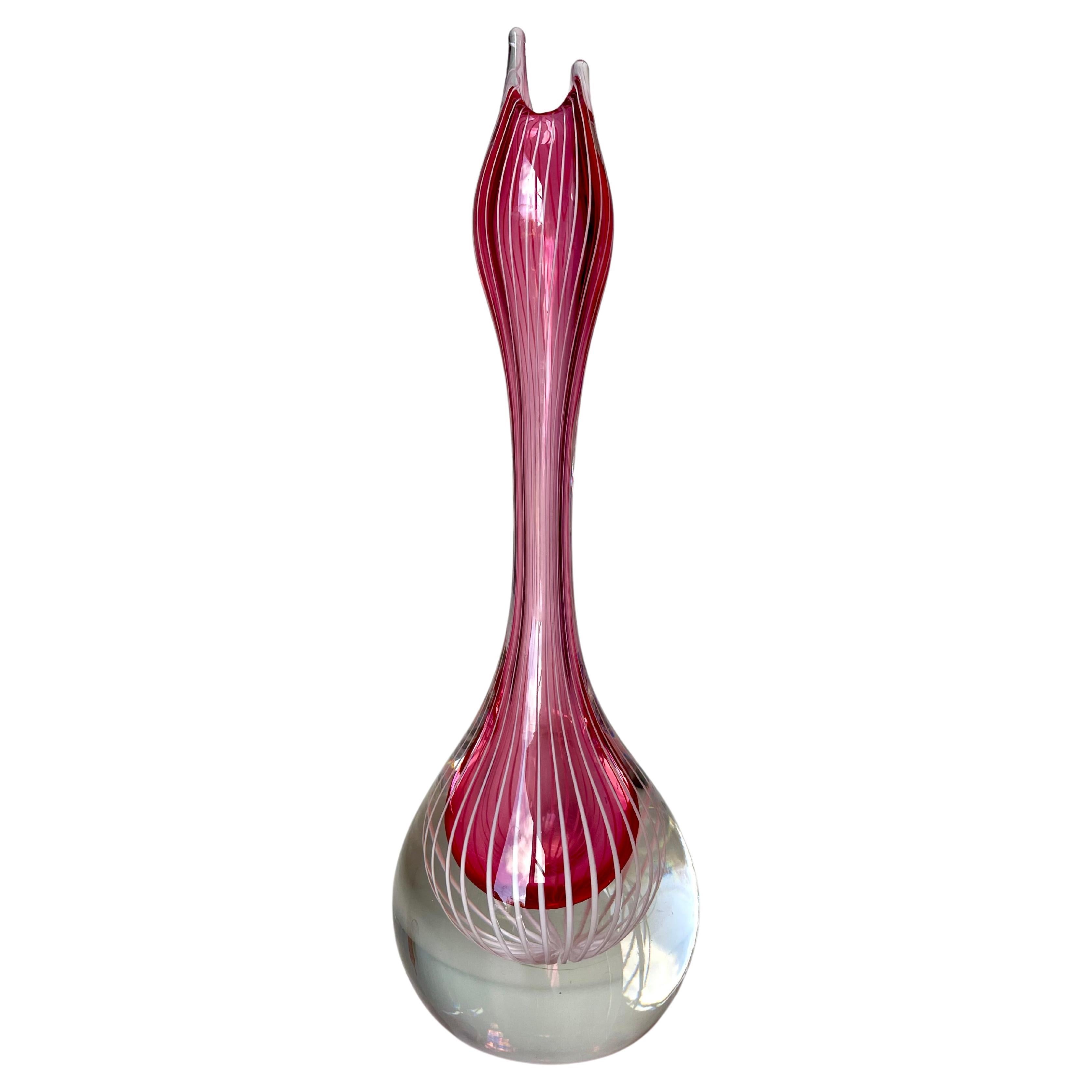 Vicke Lindstrand for Kosta Boda Pink White Striped Art Glass Vase, 1950s