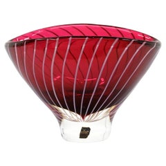 Vicke Lindstrand for Kosta Cranberry White Stripe Bowl. Swedish Art Glass, 1950s