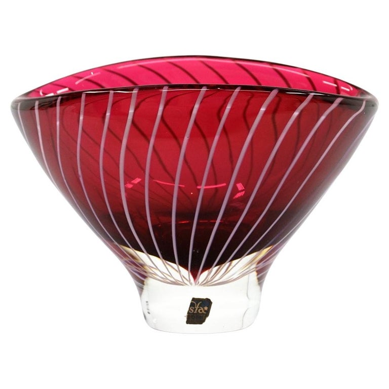 Vicke Lindstrand for Kosta Cranberry White Stripe Bowl. Swedish Art Glass, 1950s For Sale