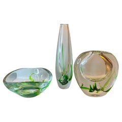 Vicke Lindstrand per Kosta, ''Erba di mare'' - Svezia, metà del secolo scorso - (Set di 3 pezzi)