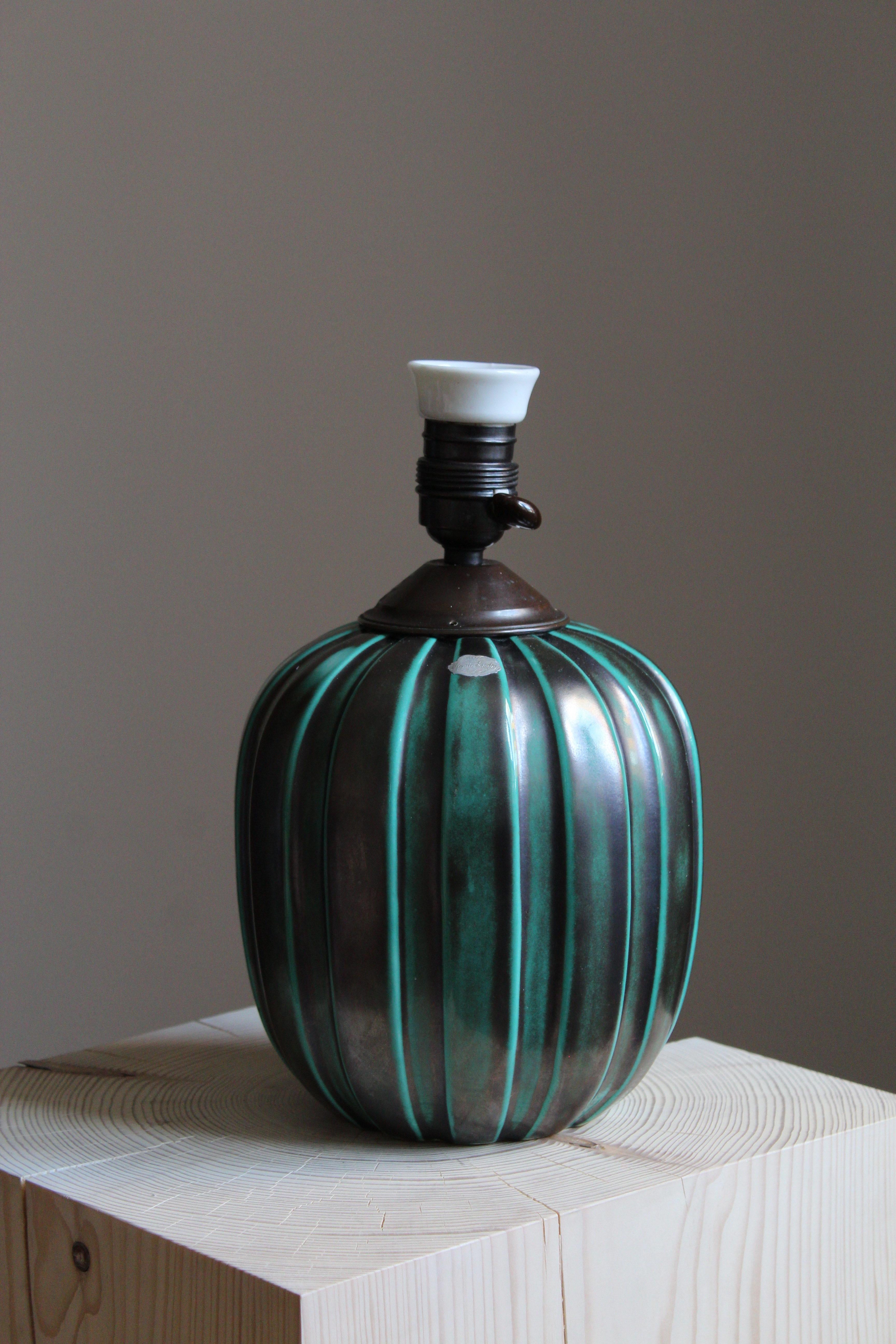 Organic Modern Vicke Lindstrand, Table Lamp, Brass Glazed Stoneware, Upsala-Ekeby, Sweden 1940s