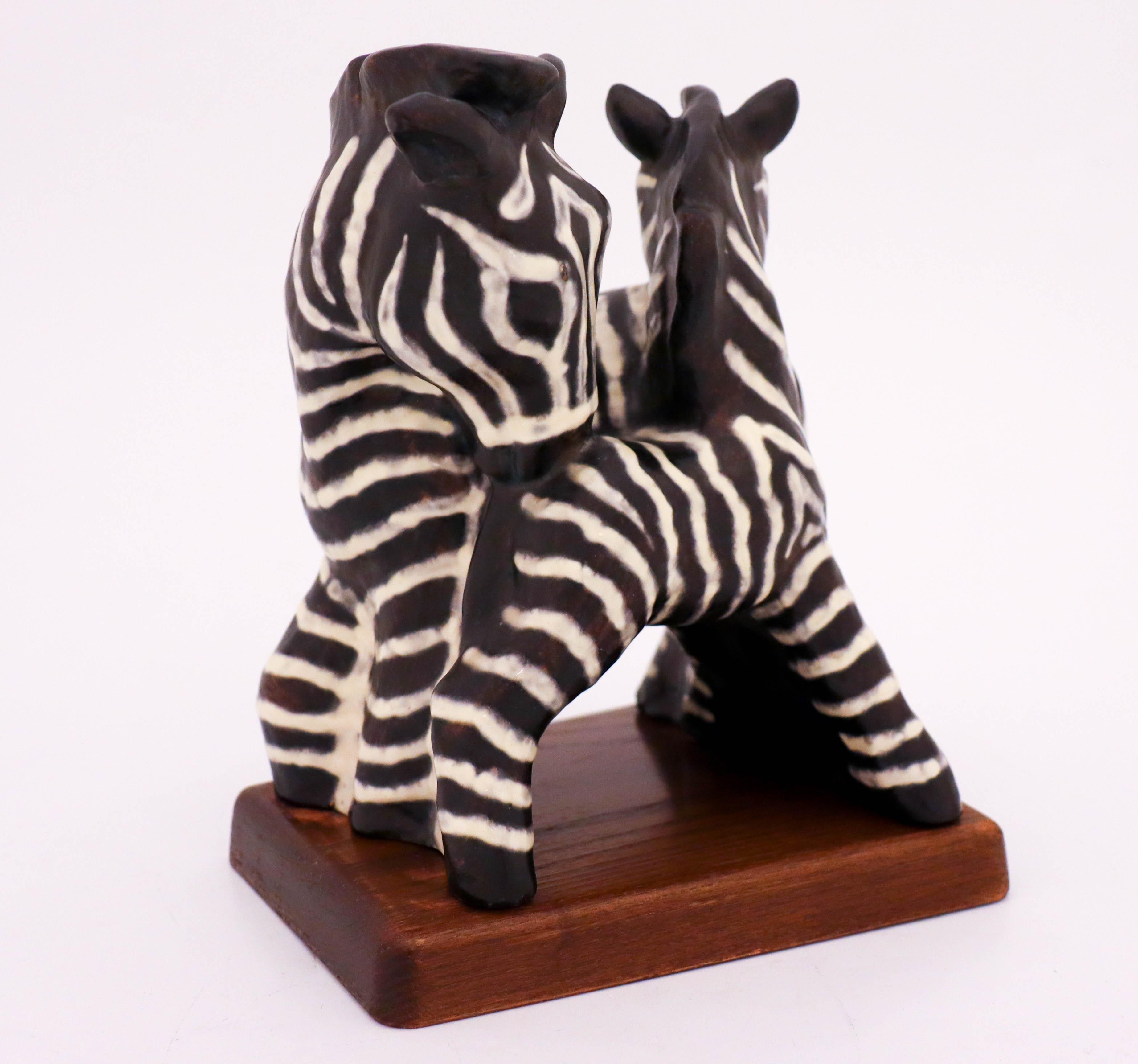 Swedish Vicke Lindstrand, Upsala Ekeby, Ceramic Sculpture, Two Zebras, 1950s