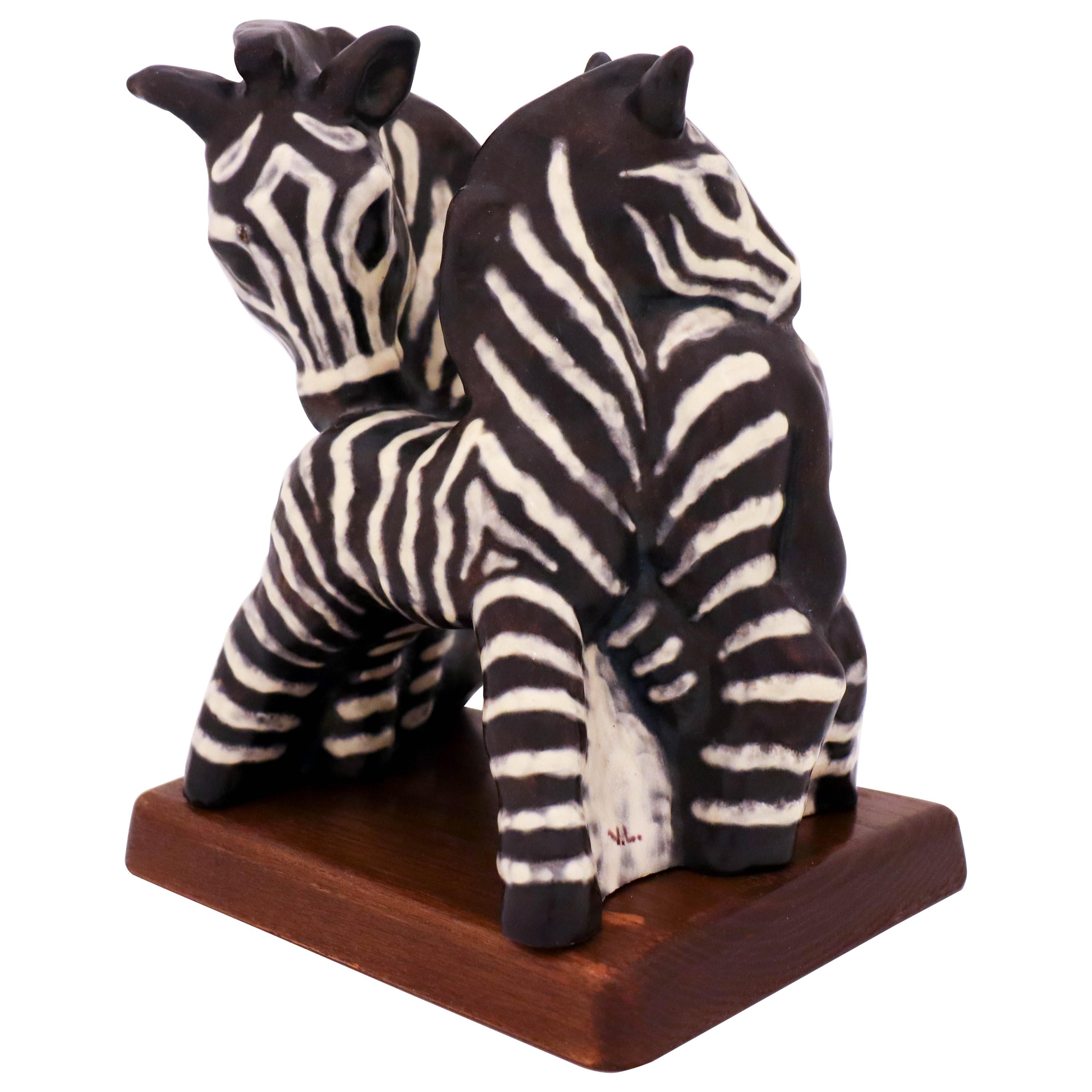 Vicke Lindstrand, Upsala Ekeby, Ceramic Sculpture, Two Zebras, 1950s