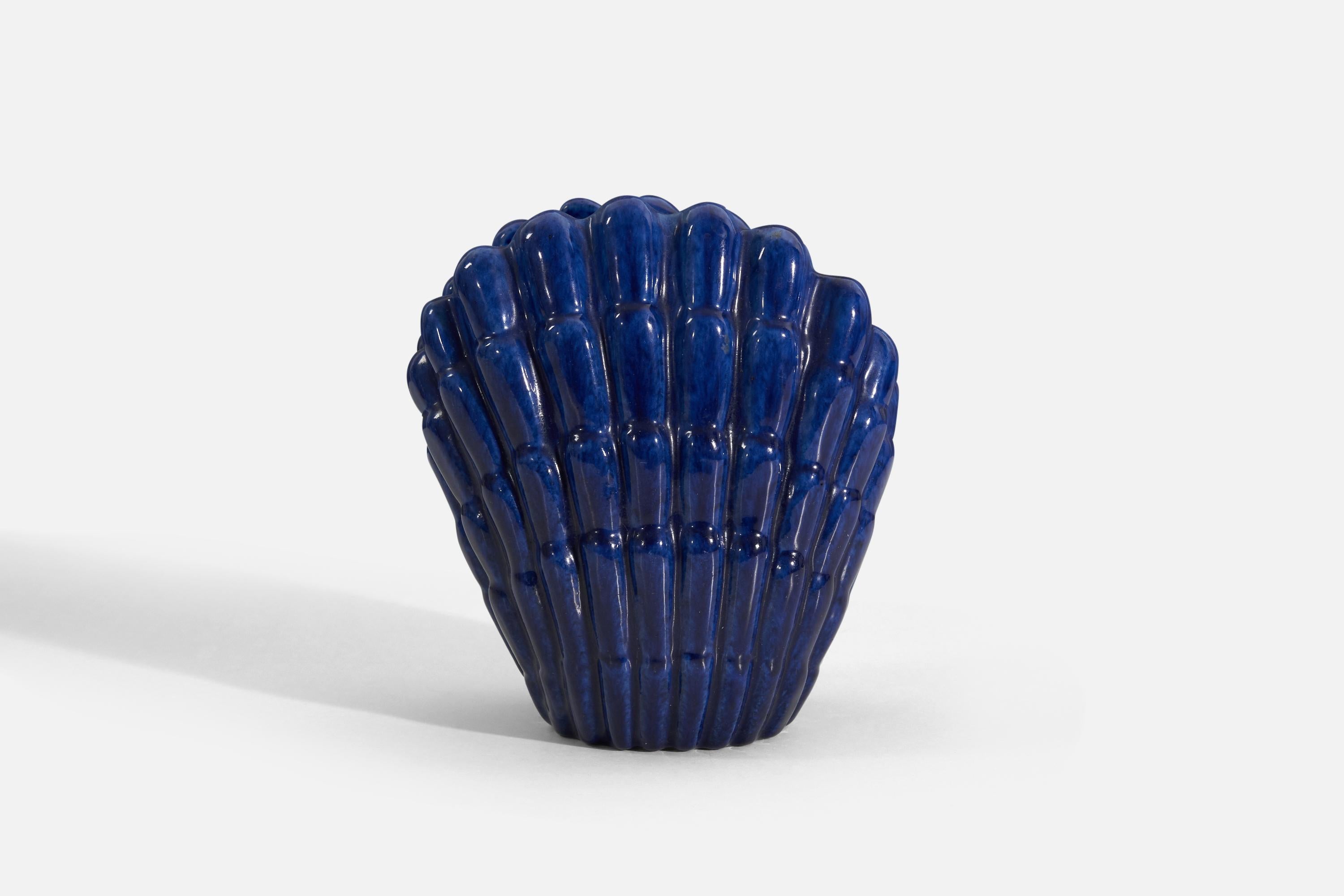 Organic Modern Vicke Lindstrand, Vase, Blue-Glazed Earthenware, Upsala-Ekeby, Sweden, 1940s For Sale