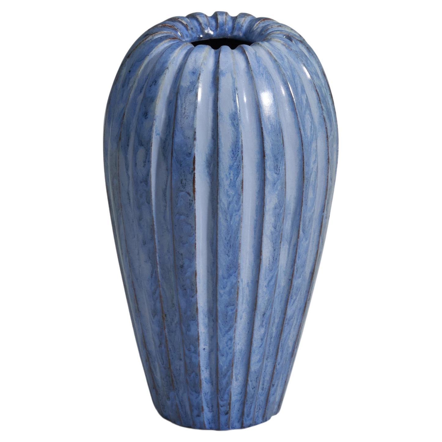 Vicke Lindstrand, Vase, Blue Glazed Earthenware, Upsala-Ekeby, Sweden, 1940s For Sale
