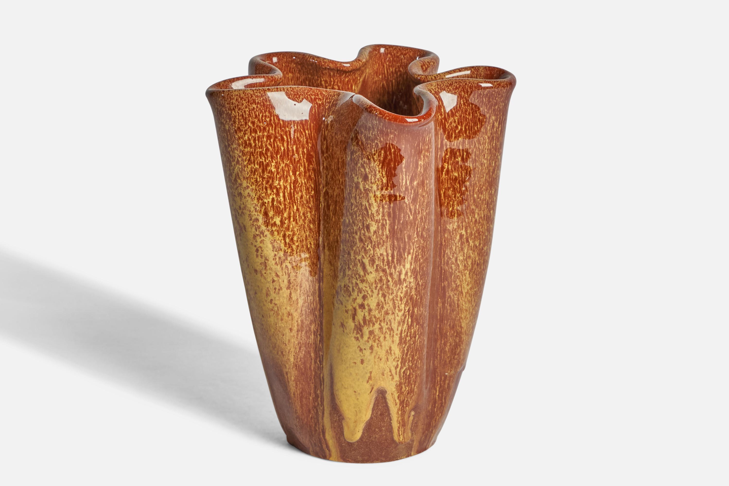 A brown and yellow-glazed earthenware vase designed by Vicke Lindstrand and produced by Upsala Ekeby, Sweden, 1930s.

“341” stamp on bottom