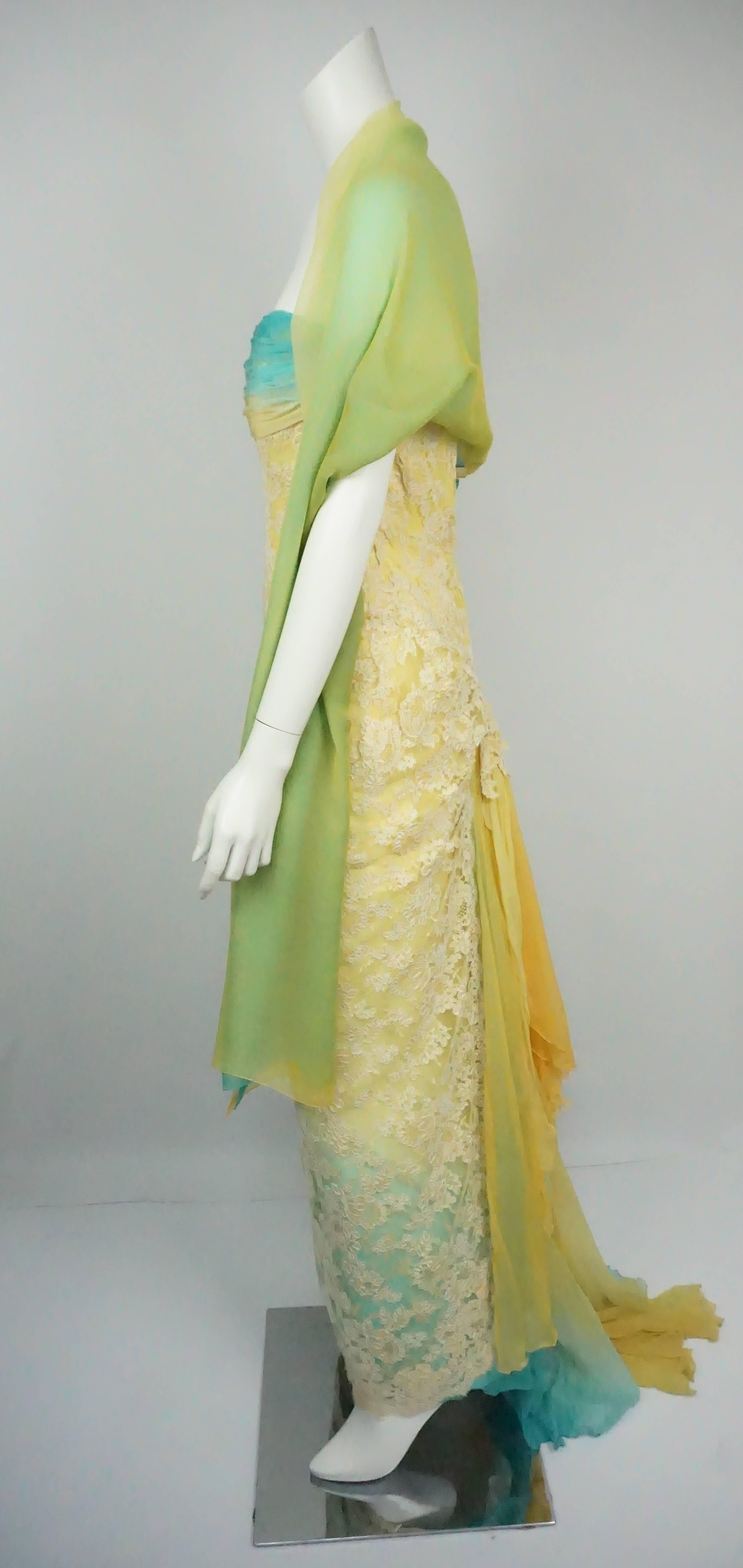 Green Vickey Tiel Couture Yellow & Turquoise Lace and Silk Gown w/ Shawl - 6 