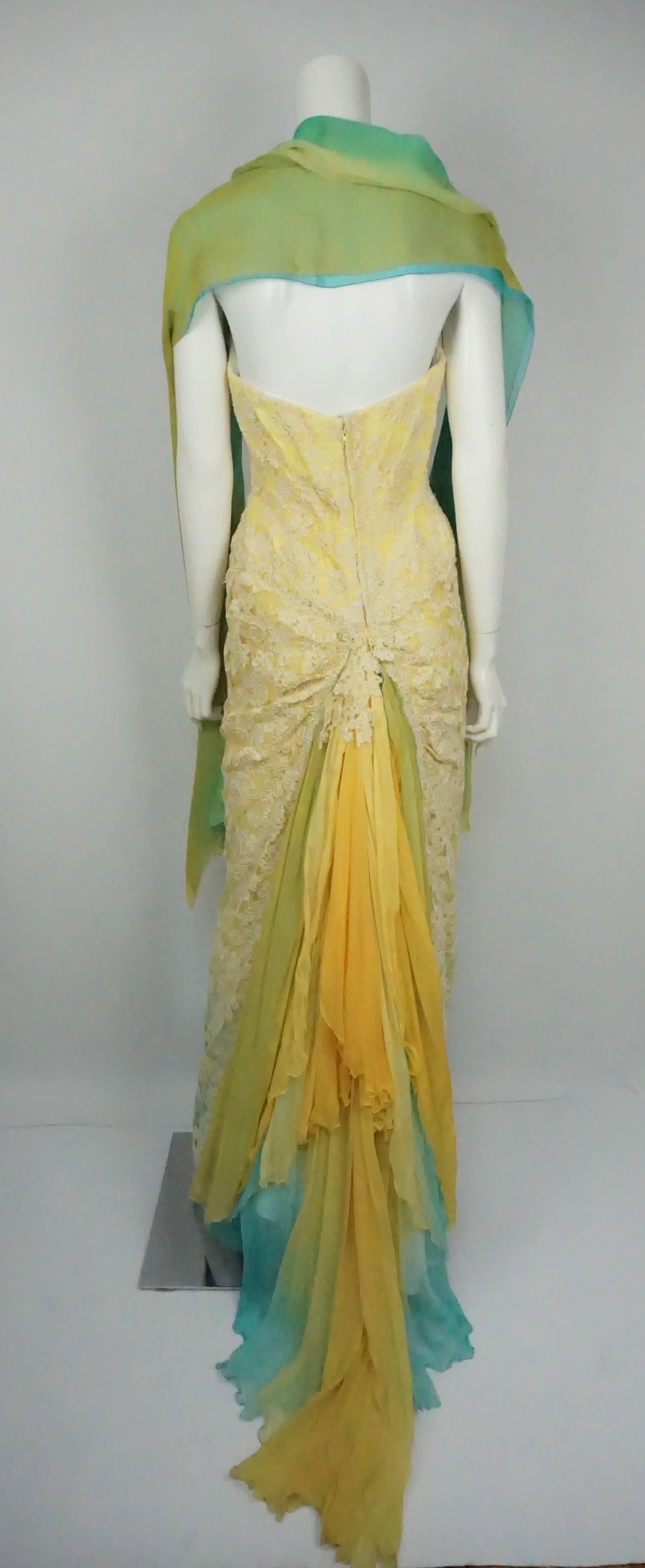 Vickey Tiel Couture Yellow & Turquoise Lace and Silk Gown w/ Shawl - 6  In Good Condition In West Palm Beach, FL