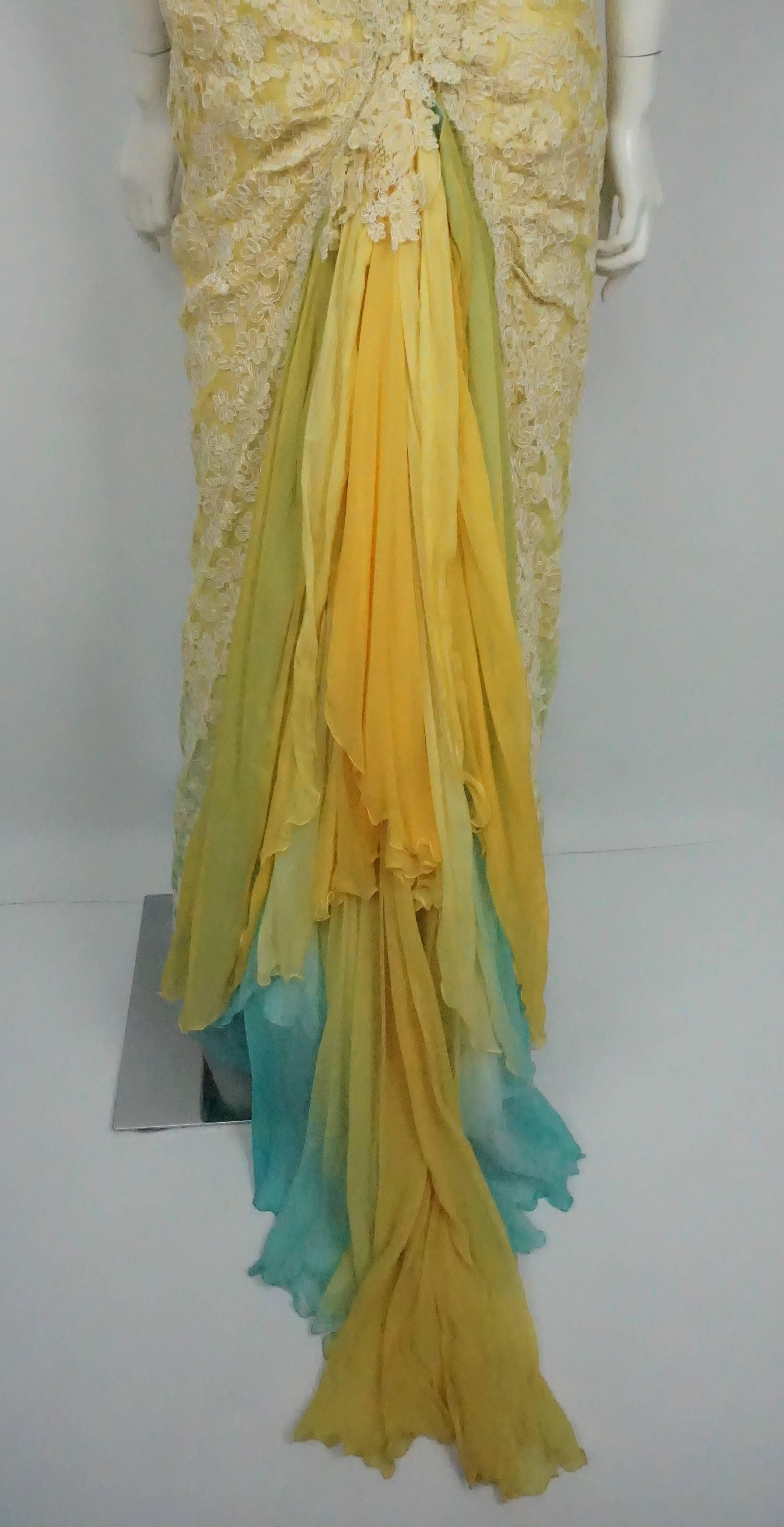 Women's Vickey Tiel Couture Yellow & Turquoise Lace and Silk Gown w/ Shawl - 6 