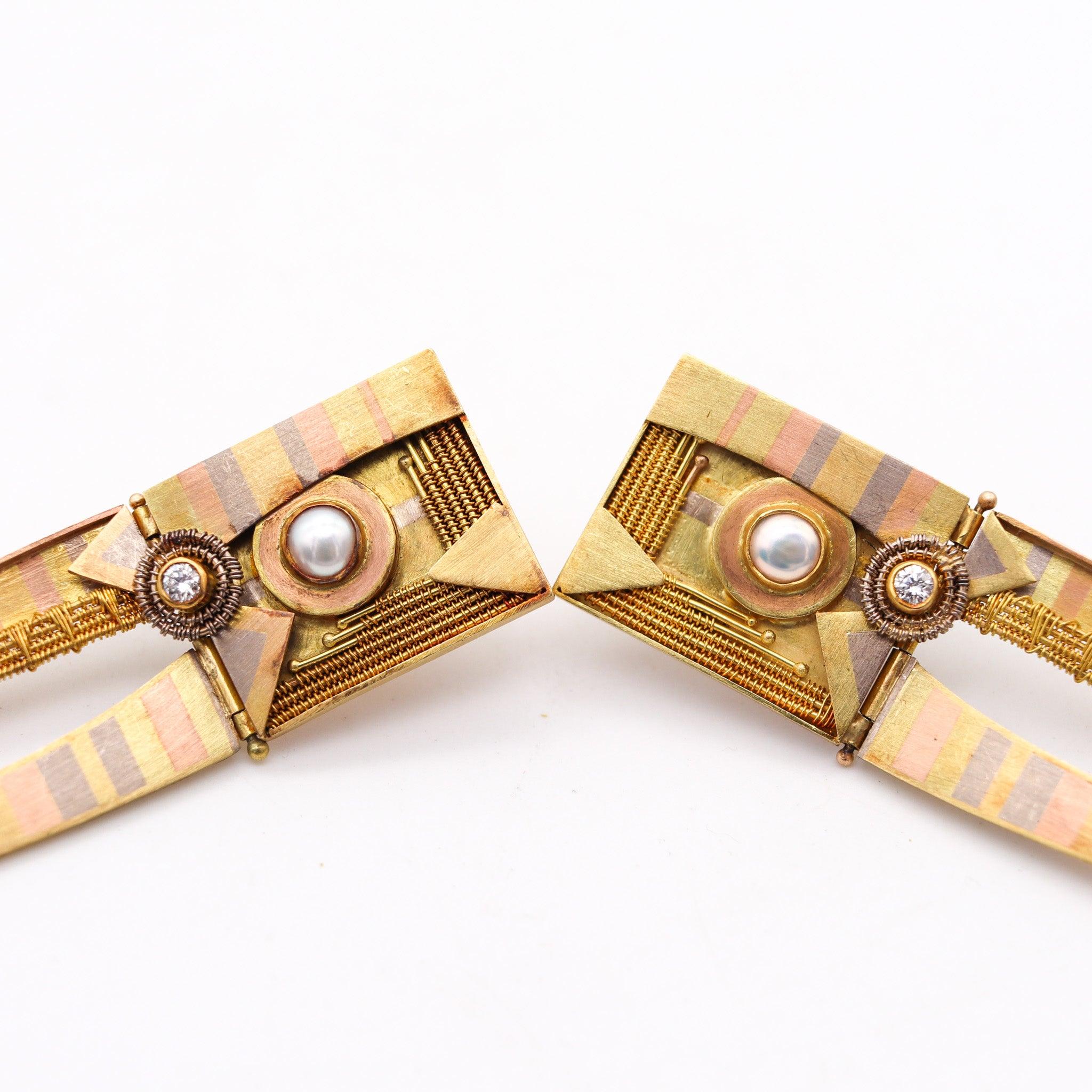Vicki Eisenfeld Studio Mokume Orecchini pendenti in oro 14-18-22Kt e diamanti In condizioni ottime in vendita a Miami, FL