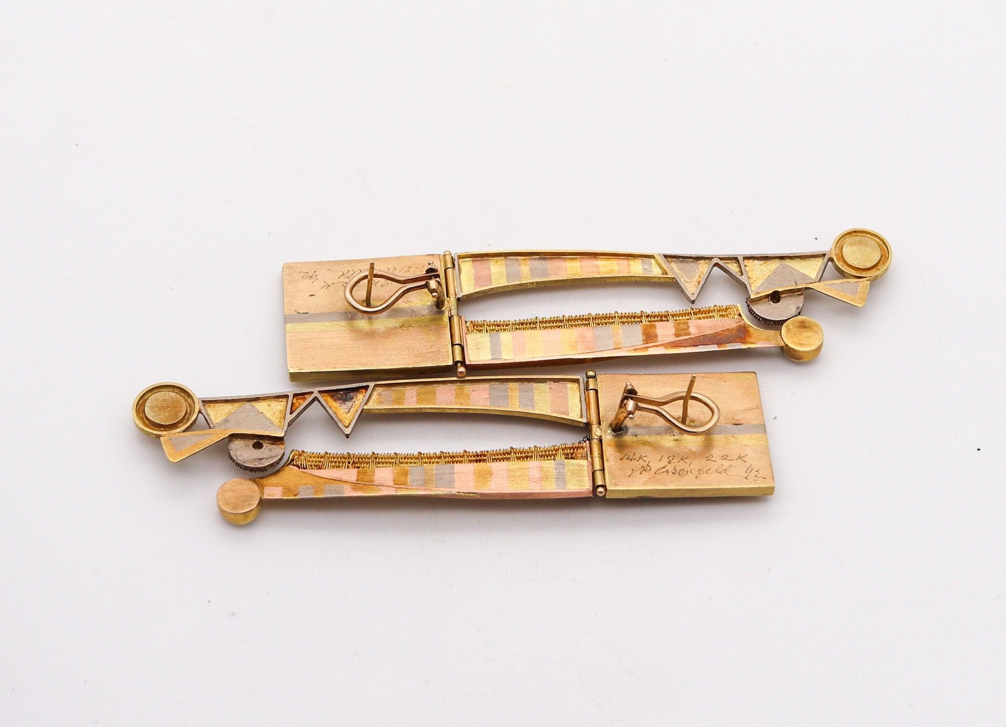 Vicki Eisenfeld Studio Mokume Orecchini pendenti in oro 14-18-22Kt e diamanti in vendita 1