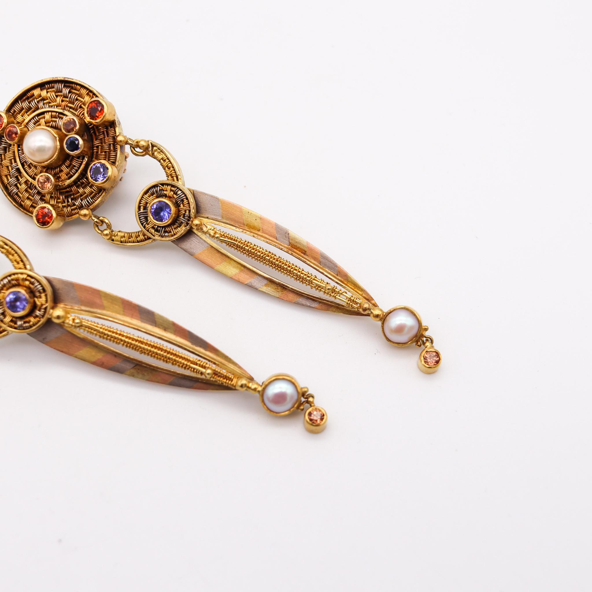 Aesthetic Movement Vicki Eisenfeld Studio Rare Mokume Drop Earrings In 22Kt Gold With Gemstones For Sale