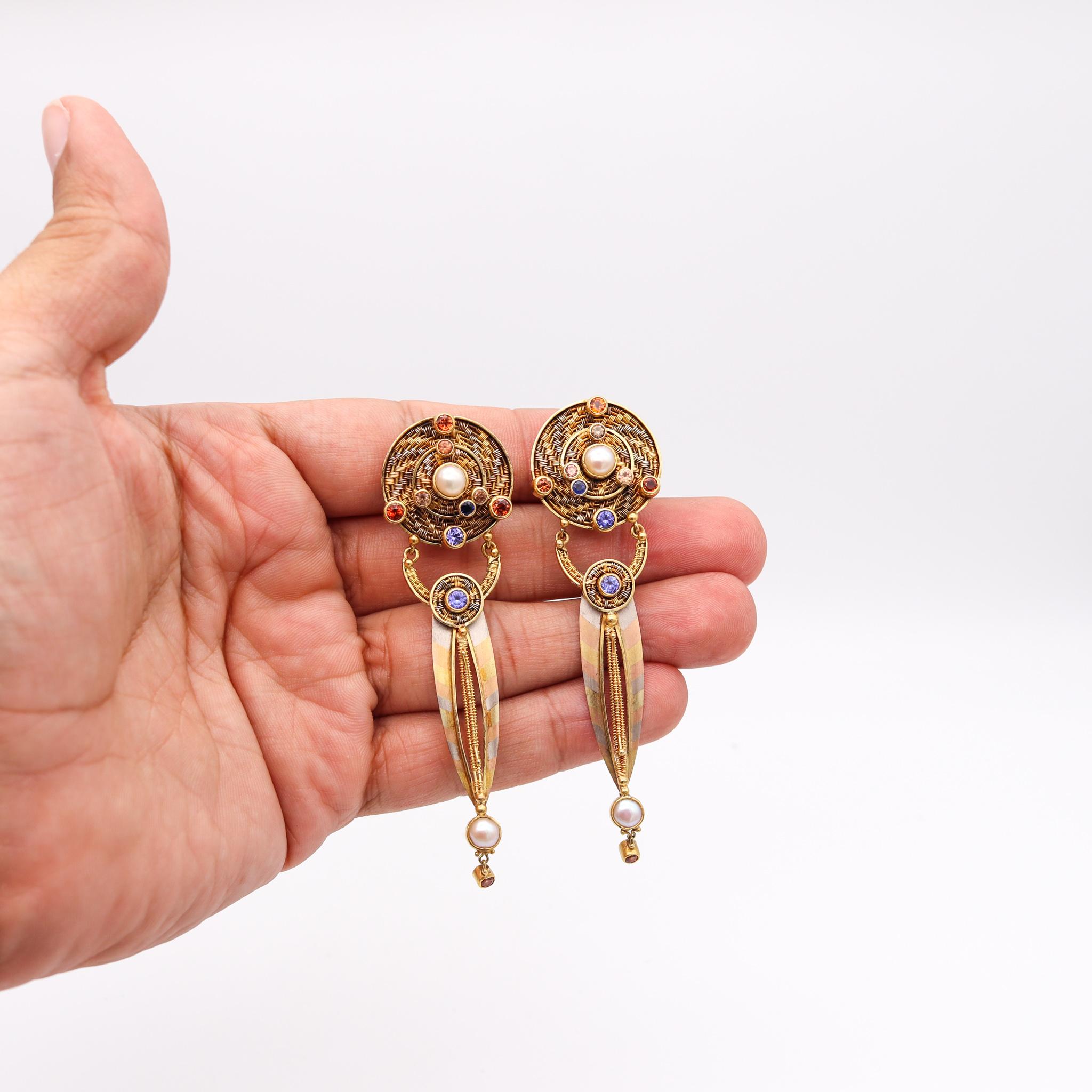 Women's Vicki Eisenfeld Studio Rare Mokume Drop Earrings In 22Kt Gold With Gemstones For Sale