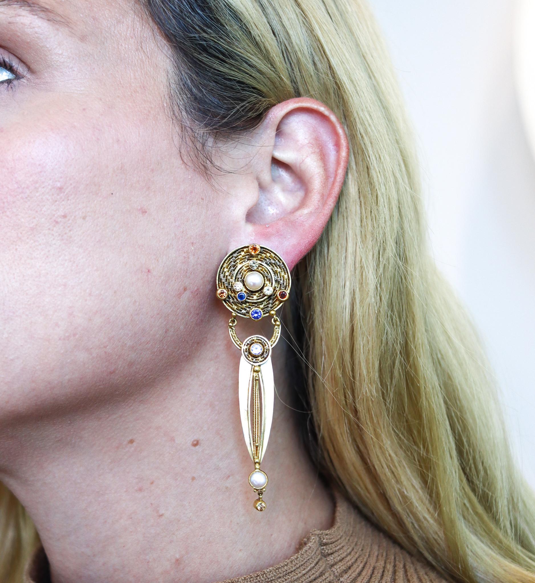 Vicki Eisenfeld Studio Rare Mokume Drop Earrings In 22Kt Gold With Gemstones For Sale 1