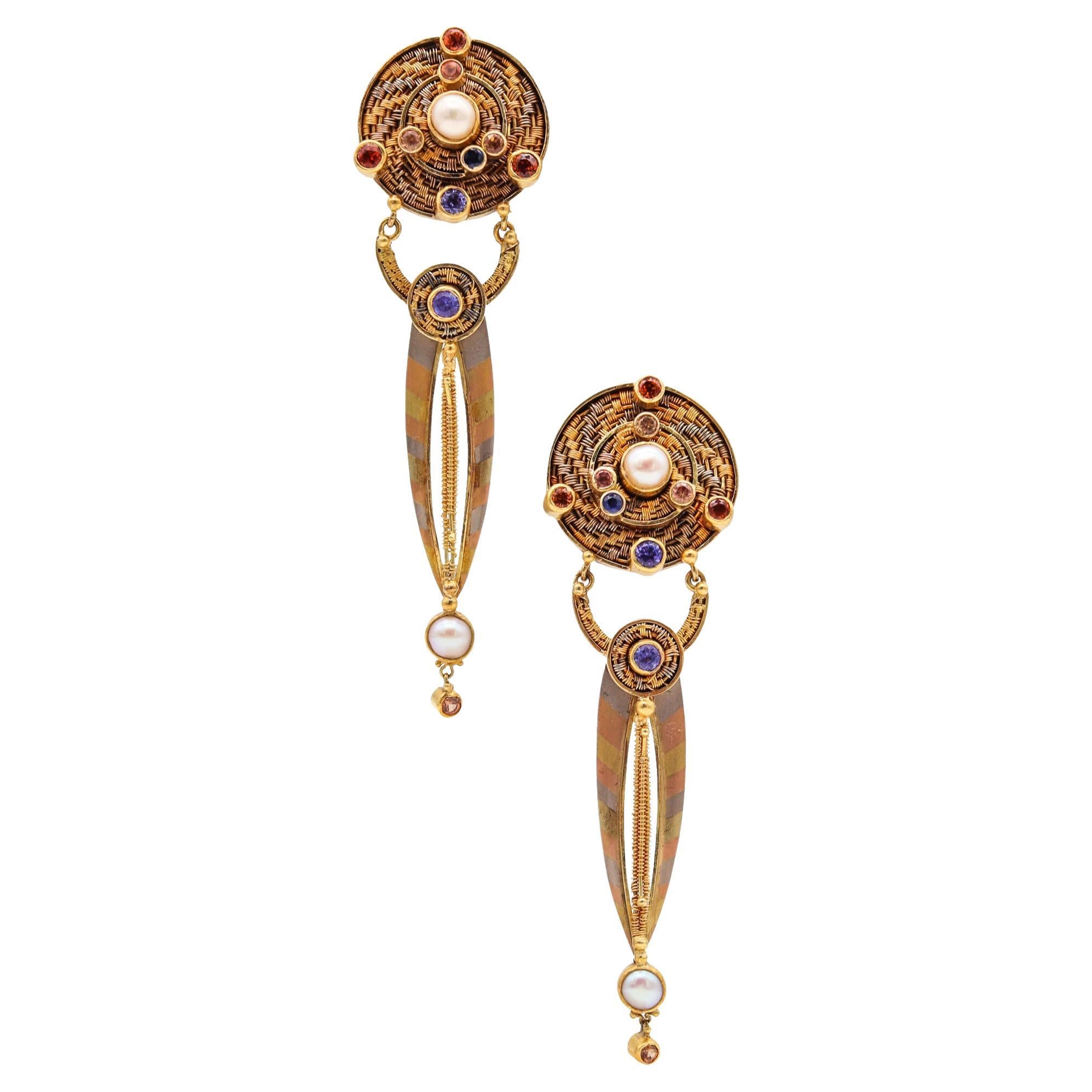 Vicki Eisenfeld Studio Rare Mokume Drop Earrings In 22Kt Gold With Gemstones For Sale