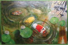 Large 20th Century Oil Painting KOI CARP POND by Vicki Golden (1970-) British