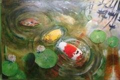 Large 20th Century Oil Painting KOI CARP POND by Vicki Golden (1970-) British