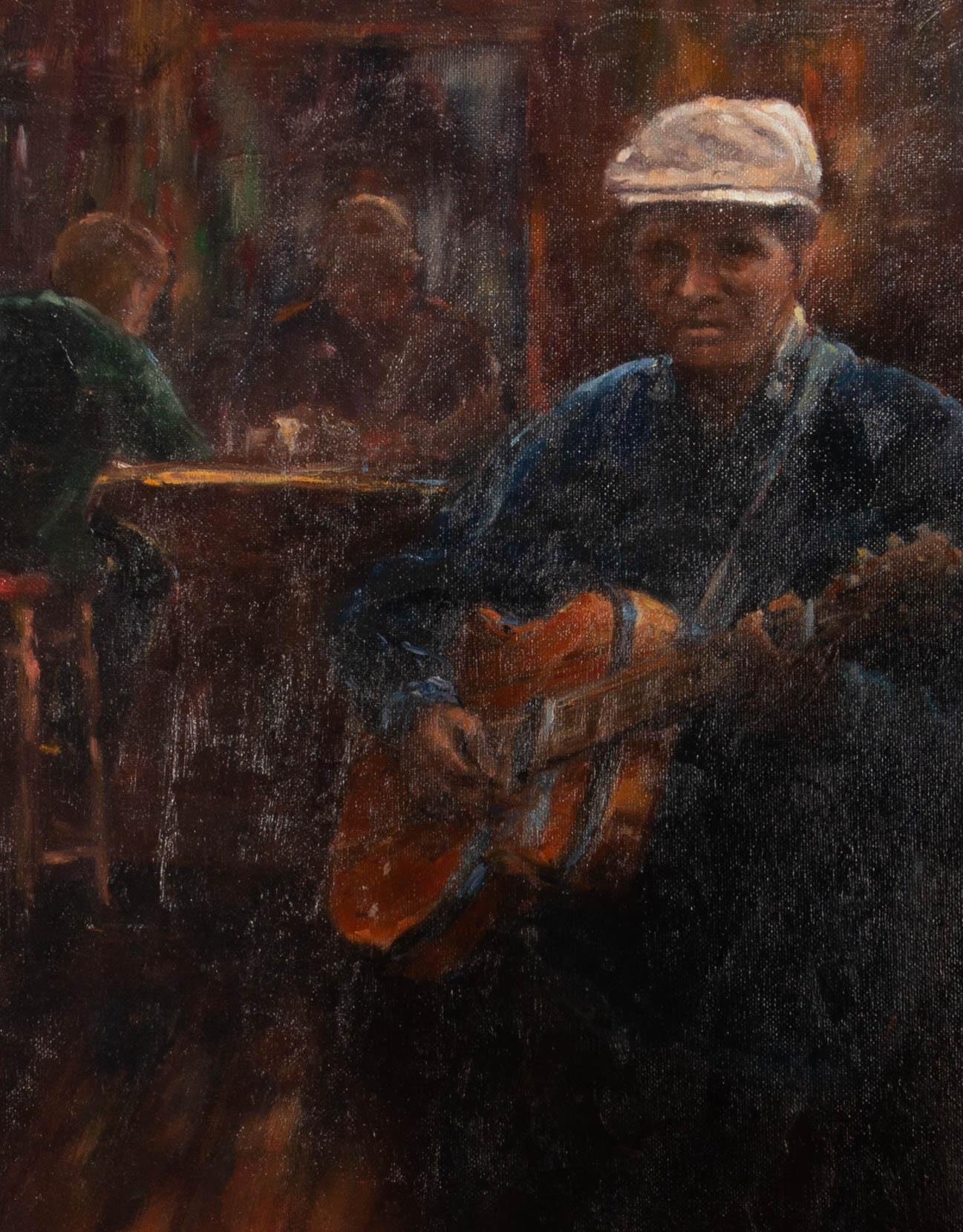 painting of man sitting at a bar