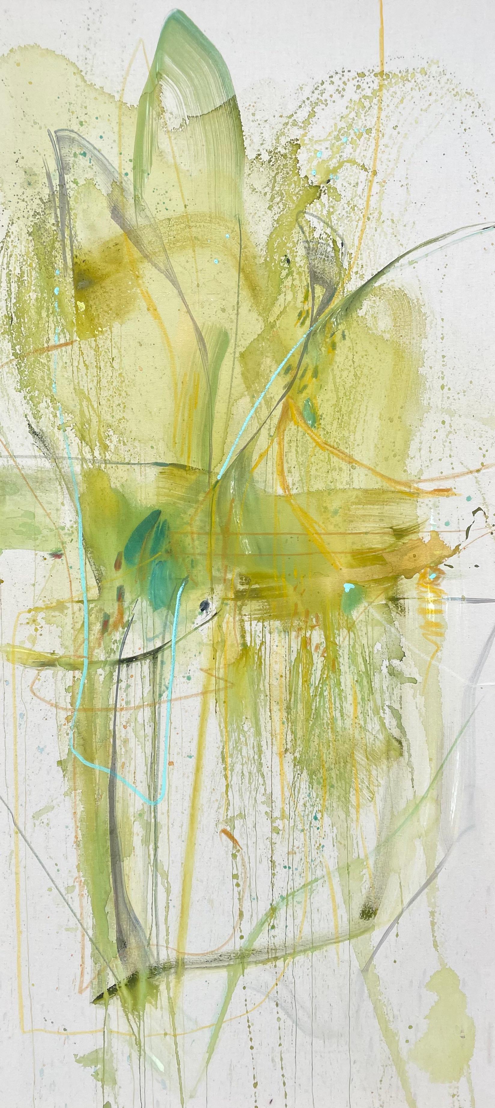 Portal A37 by Vicky Barranguet, Abstract Botanical Painting in Green, 2022
Acrylic on Canvas

This expressive abstract painting by Vicky Barranguet unfolds through fluid layers of luminous greens, warm yellows, and delicate splashes of turquoise.