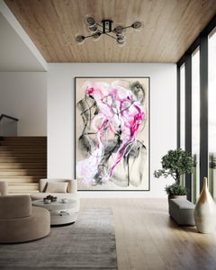 Contemporary Abstract Expressionist Painting Large in Pink, Black and White