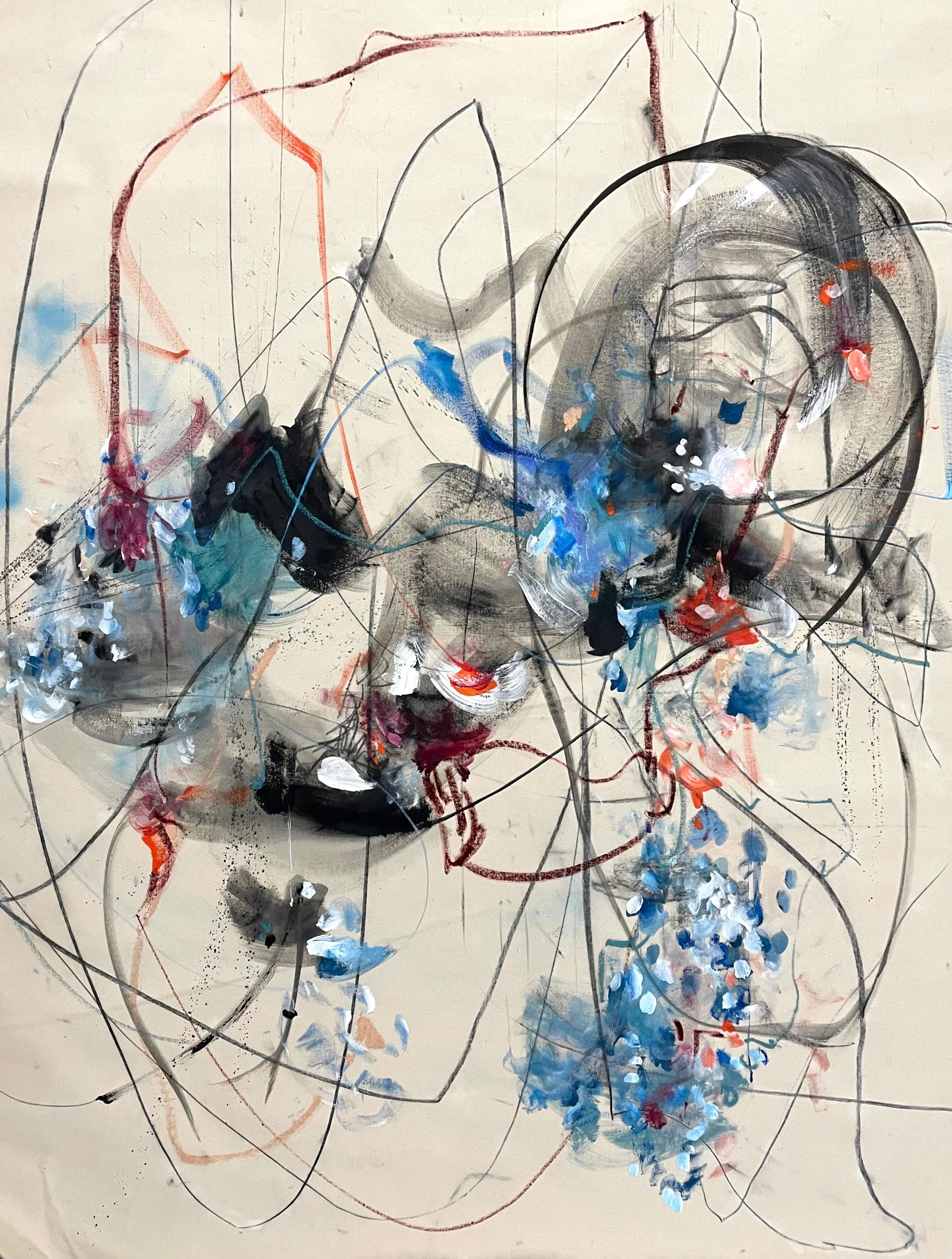Contemporary Large Abstract Painting in Blue, Black and Red by Vicky Barranguet