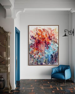 Large Abstract Expressionist Acrylic Painting Red Coral Blue Vicky Barranguet